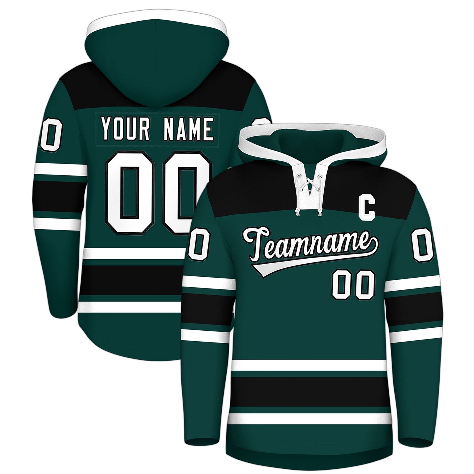 Custom Hockey Hoodie Jersey Midnight Green Black Raglan Sleeves Lace-Up Neck Personal Name & Number & Logo
