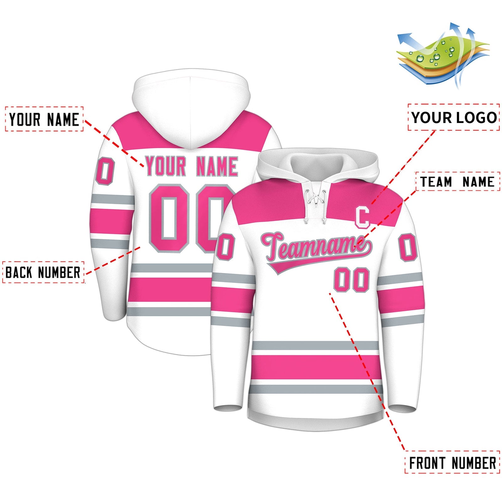 Custom Hockey Hoodie Jersey White Pink Raglan Sleeves Lace-Up Neck Personal Name & Number & Logo