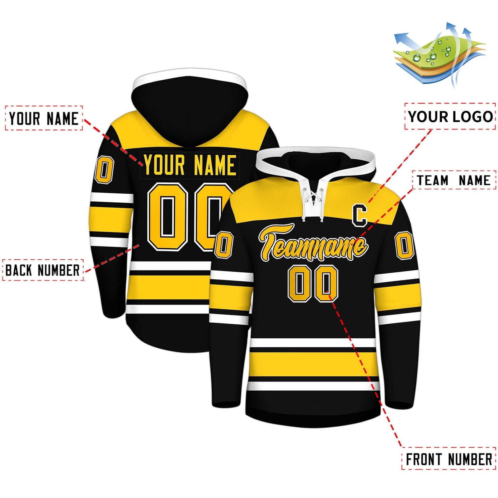 Custom Hockey Hoodie Jersey Black Gold Raglan Sleeves Lace-Up Neck Personalized Jersey for Men & Youth