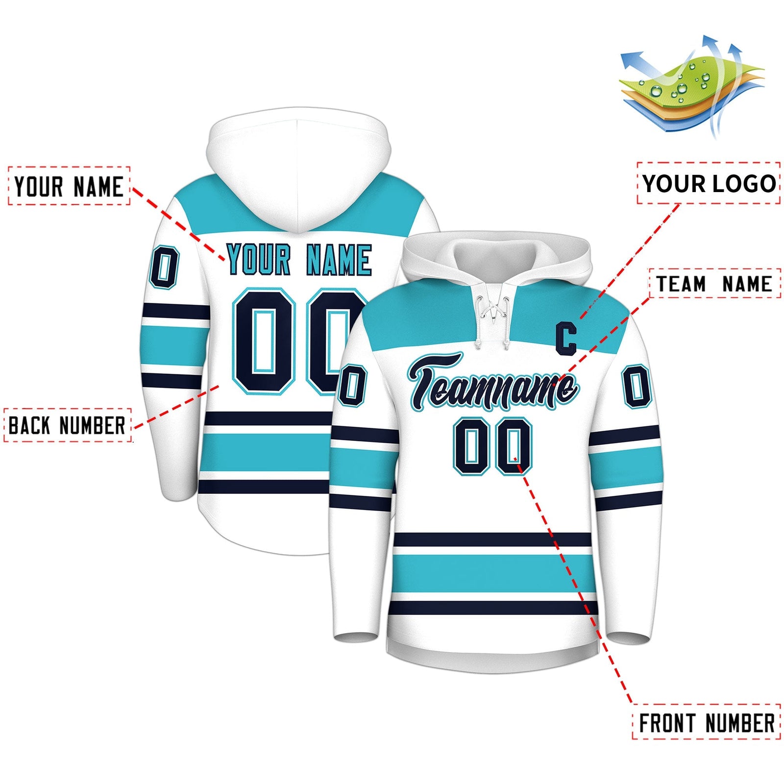 Custom Hockey Hoodie Jersey White Sky Blue Raglan Sleeves Lace-Up Neck Personalized Jersey for Men & Youth