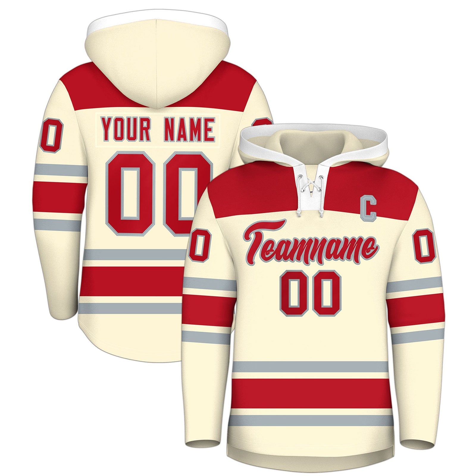 Custom Hockey Hoodie Jersey Cream Red Raglan Sleeves Lace-Up Neck Personal Name & Number & Logo