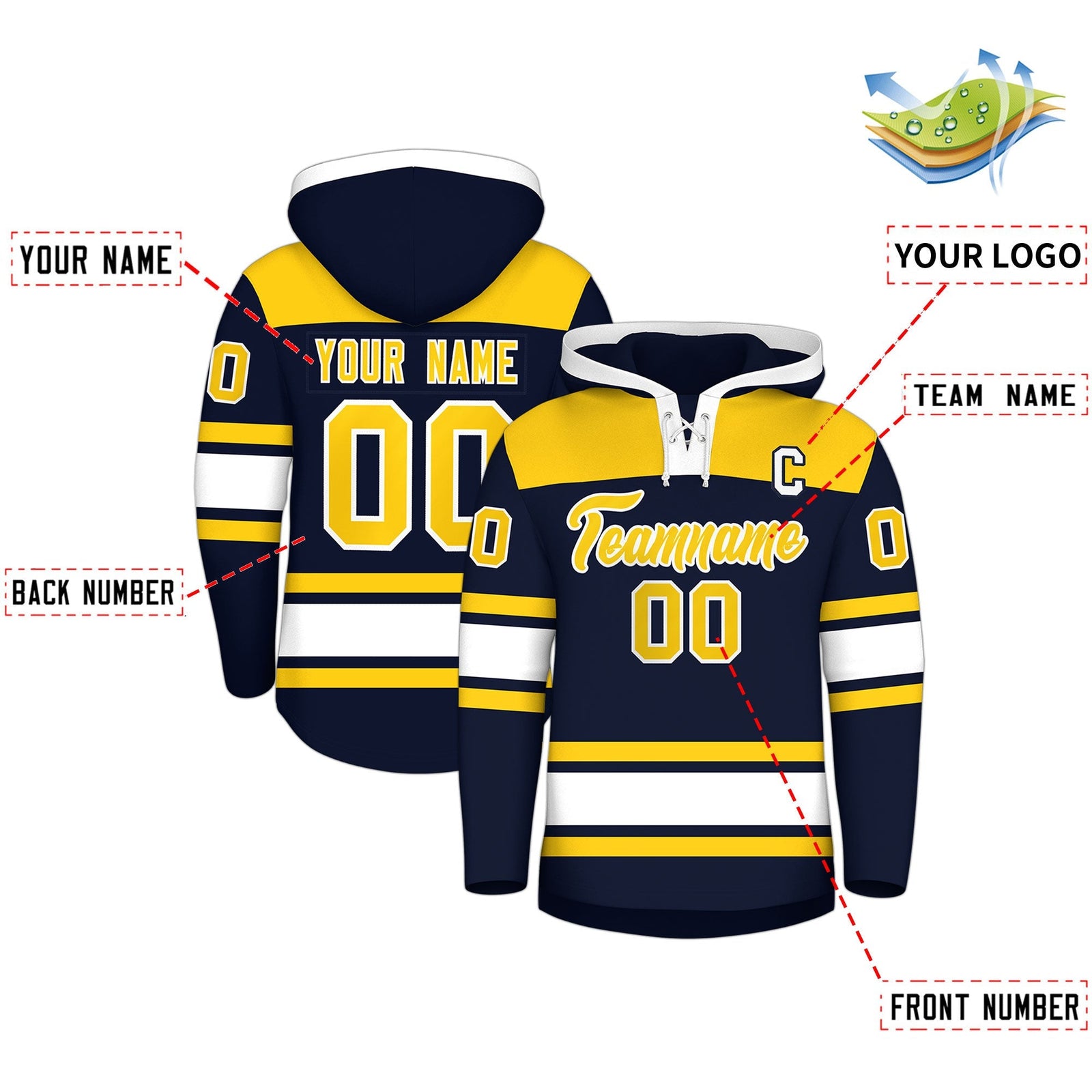 Custom Hockey Hoodie Jersey Navy Gold Raglan Sleeves Lace-Up Neck Personal Name & Number & Logo