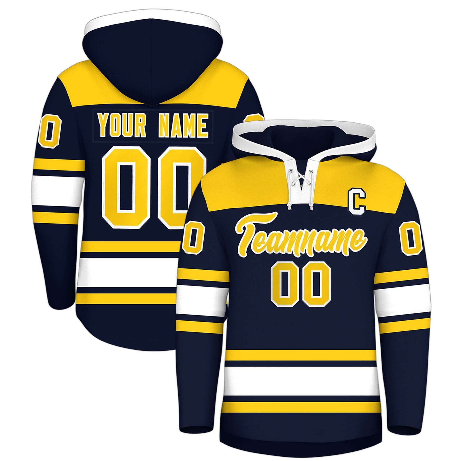 Custom Hockey Hoodie Jersey Navy Gold Raglan Sleeves Lace-Up Neck Personal Name & Number & Logo
