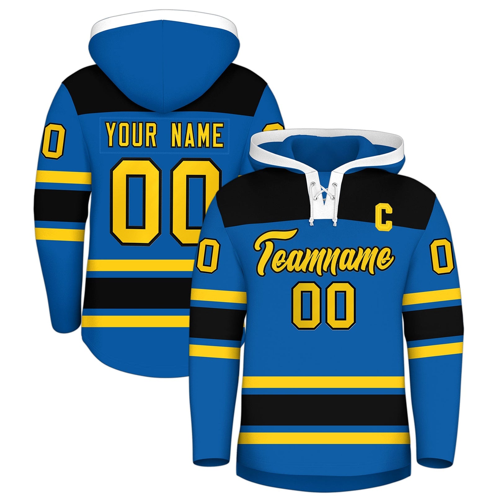 Custom Hockey Hoodie Jersey Royal Black Raglan Sleeves Lace-Up Neck Personalized Jersey for Men & Youth