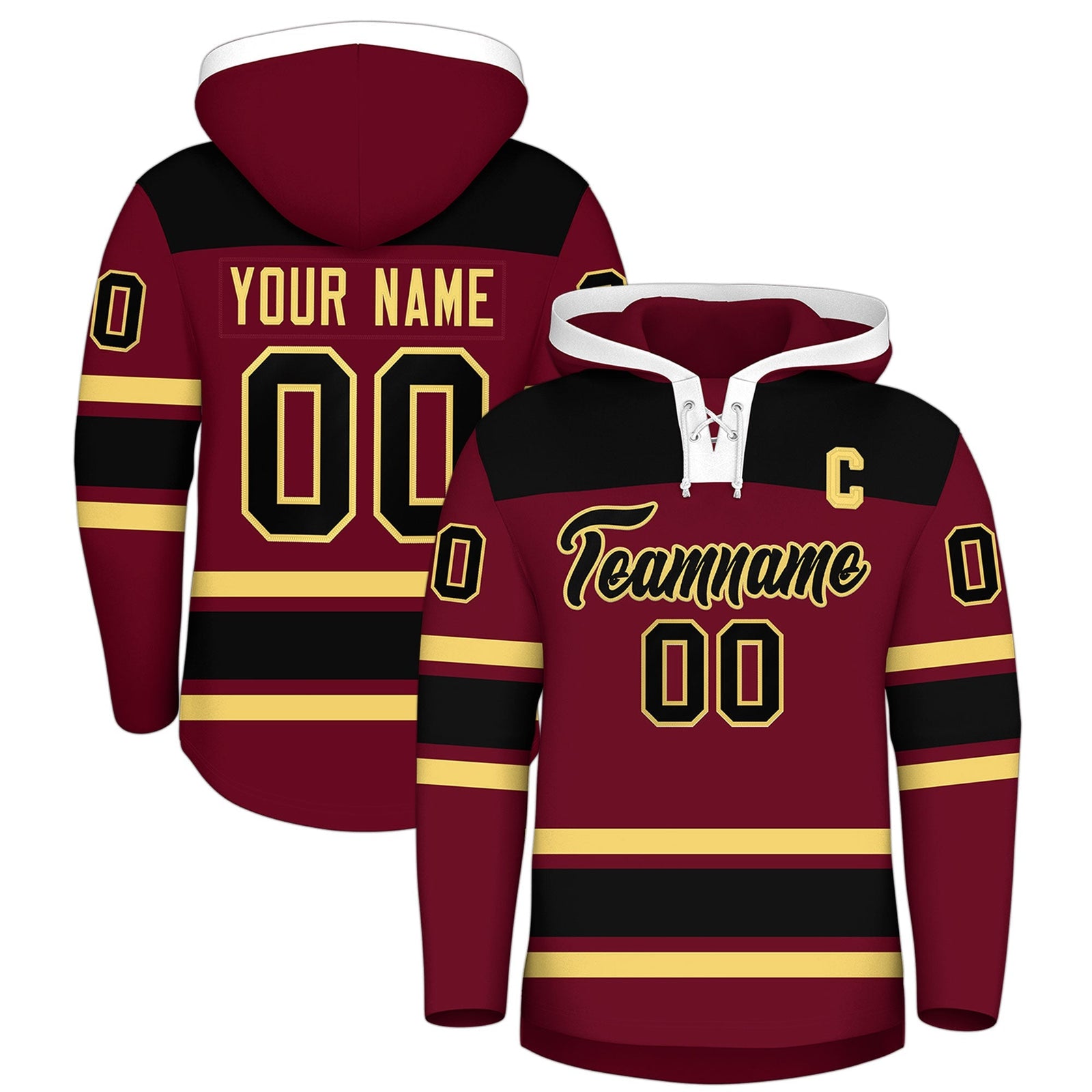 Custom Hockey Hoodie Jersey Crimson Black Raglan Sleeves Lace-Up Neck Personal Name & Number & Logo