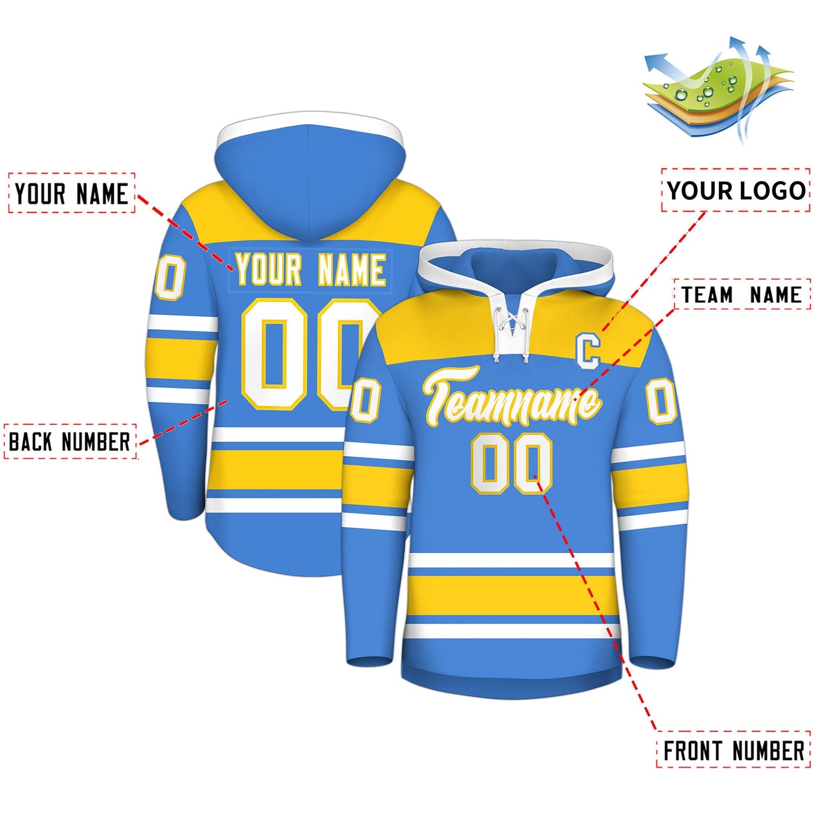 Custom Hockey Hoodie Jersey Powder Blue Gold Raglan Sleeves Lace-Up Neck Classic Team Colors Hoodie