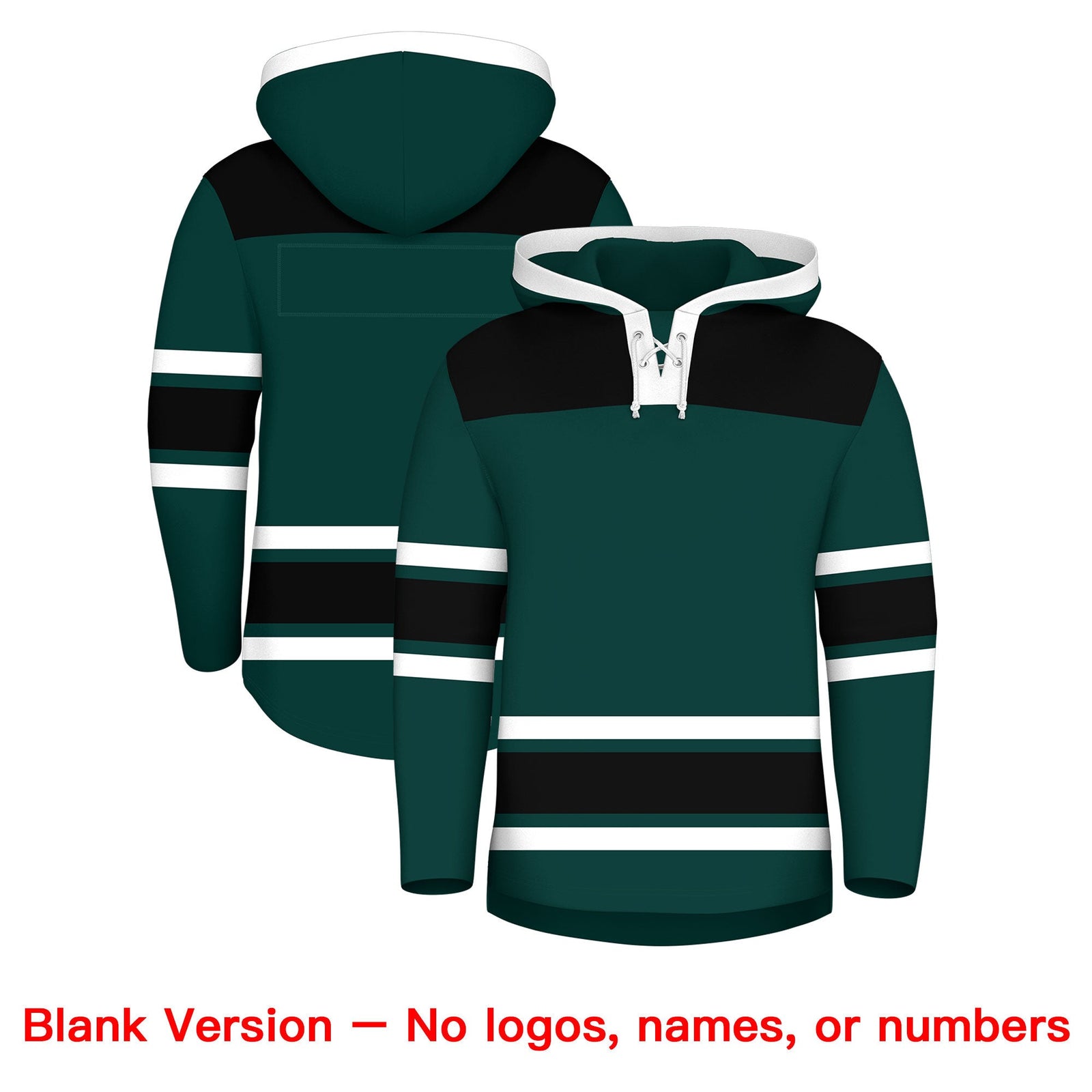Custom Hockey Hoodie Jersey Midnight Green Black Raglan Sleeves Lace-Up Neck Personal Name & Number & Logo