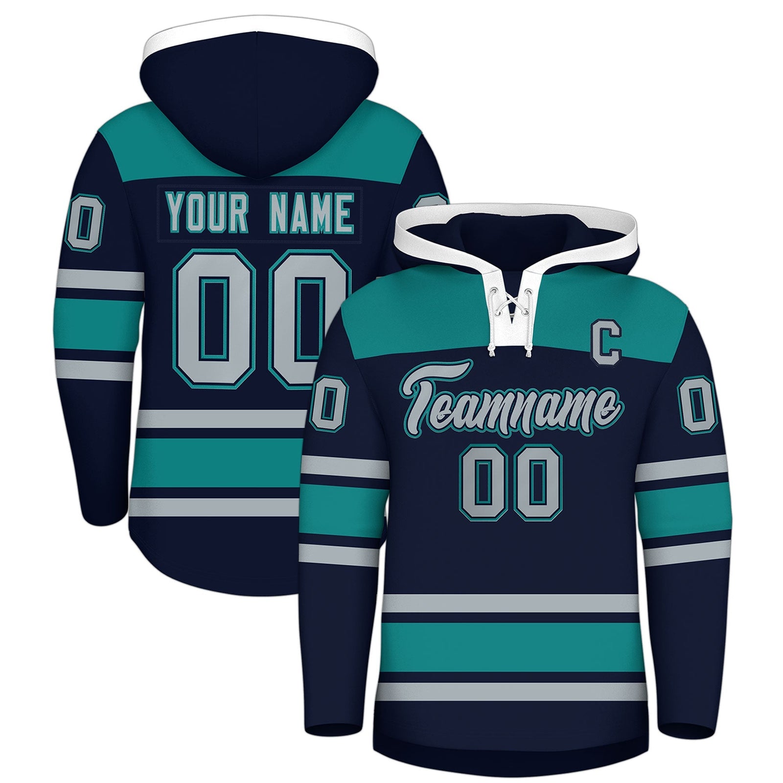 Custom Hockey Hoodie Jersey Navy Teal Raglan Sleeves Lace-Up Neck Classic Team Colors Hoodie