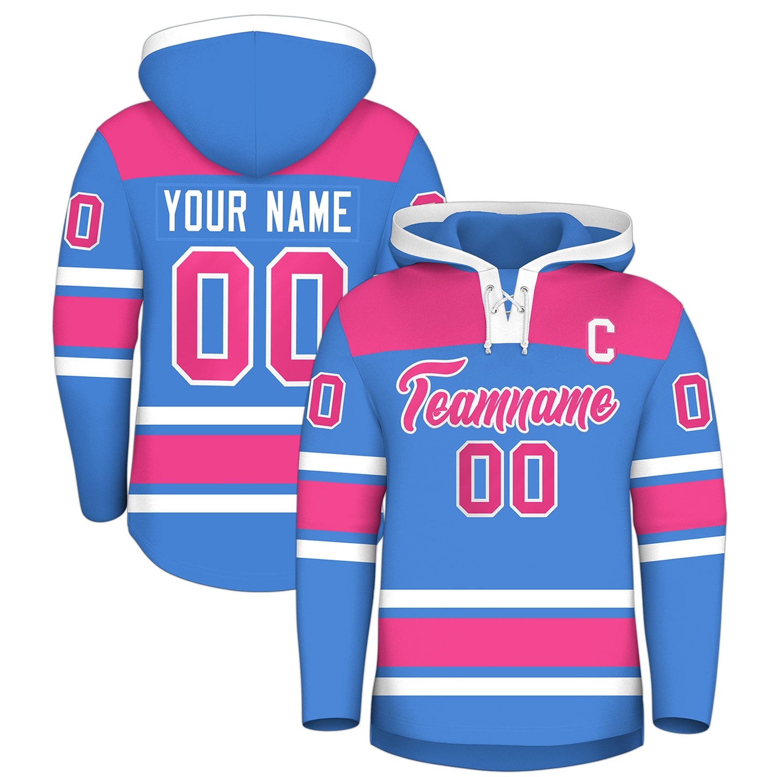 Custom Hockey Hoodie Jersey Powder Blue Raglan Sleeves Lace-Up Neck Personal Name & Number & Logo