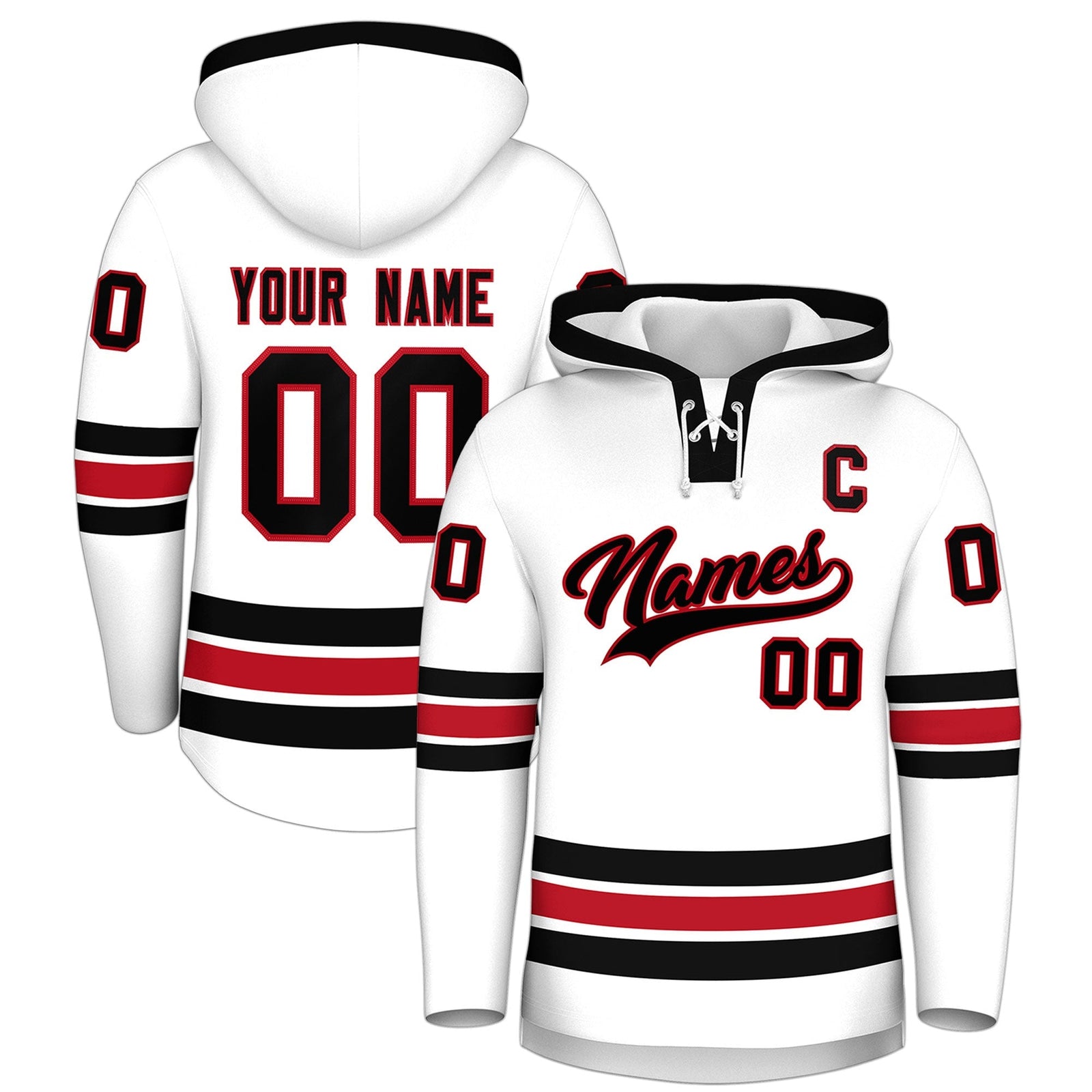 Custom Hockey Hoodie Jersey White Black Classic Style Add Name,Number&Logo