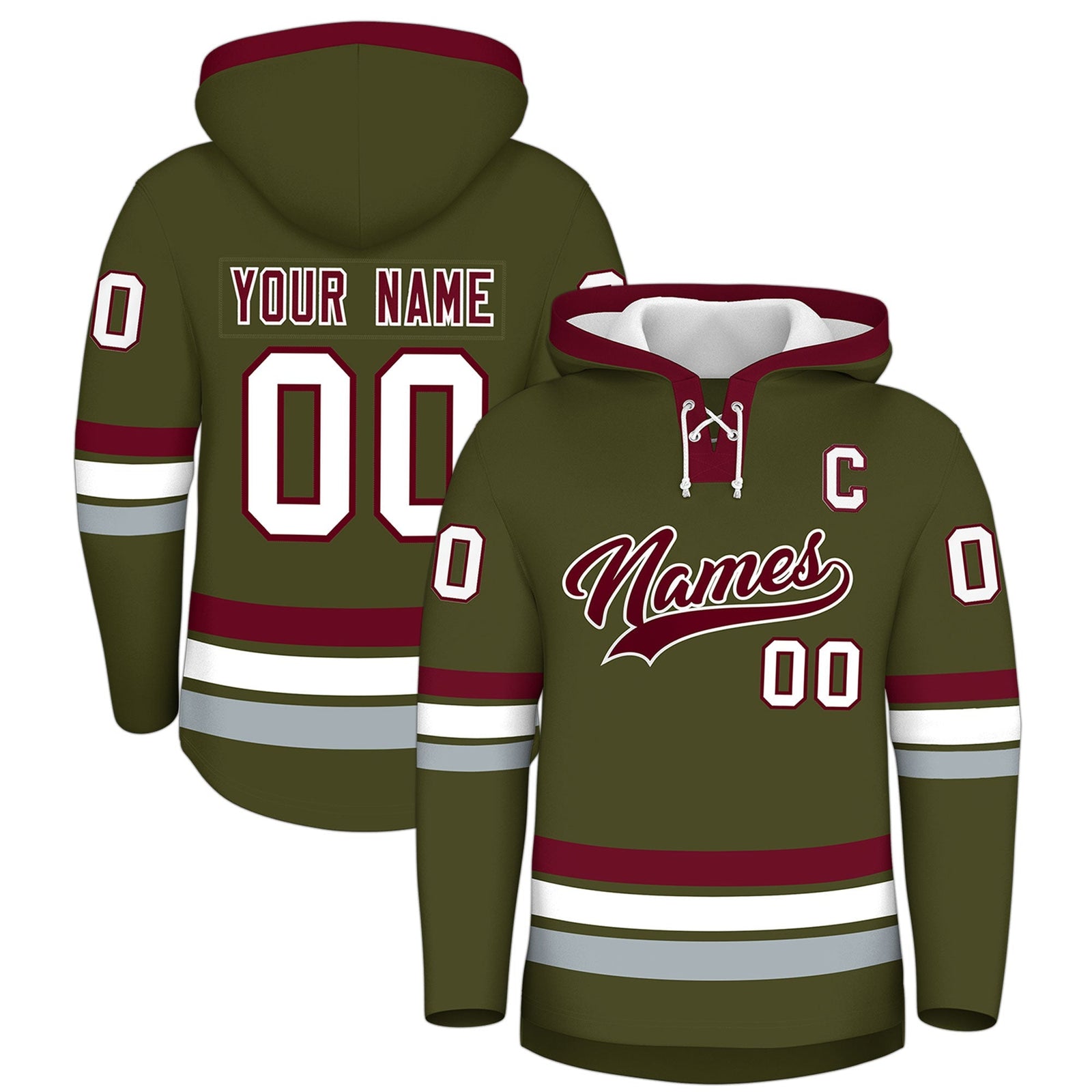Custom Hockey Hoodie Jersey Olive Crimson Classic Style Add Name,Number & Logo