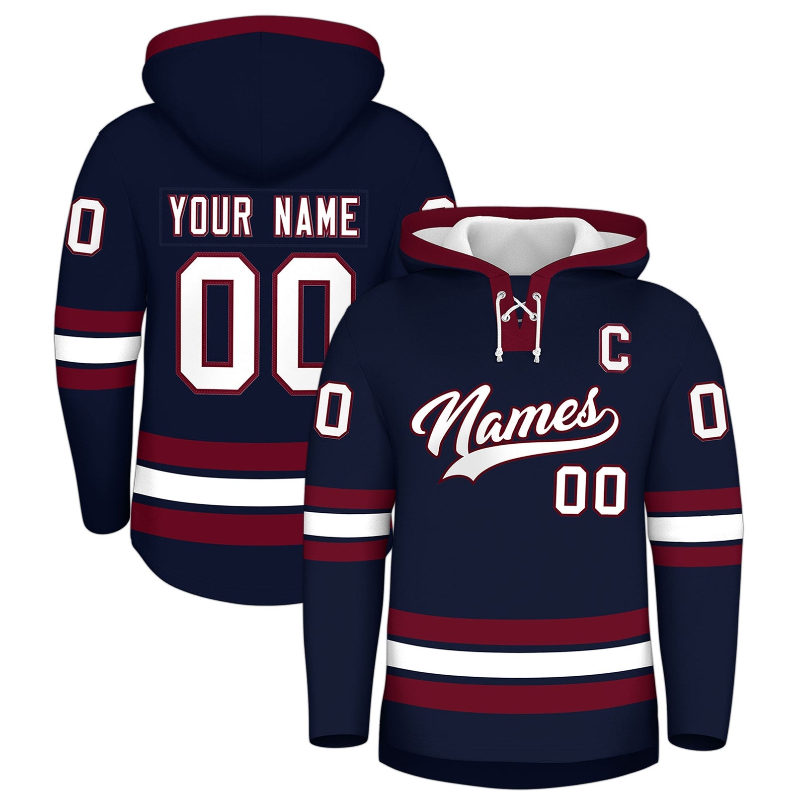 Custom Hockey Hoodie Jersey Navy Crimson Classic Style Add Name,Number & Logo