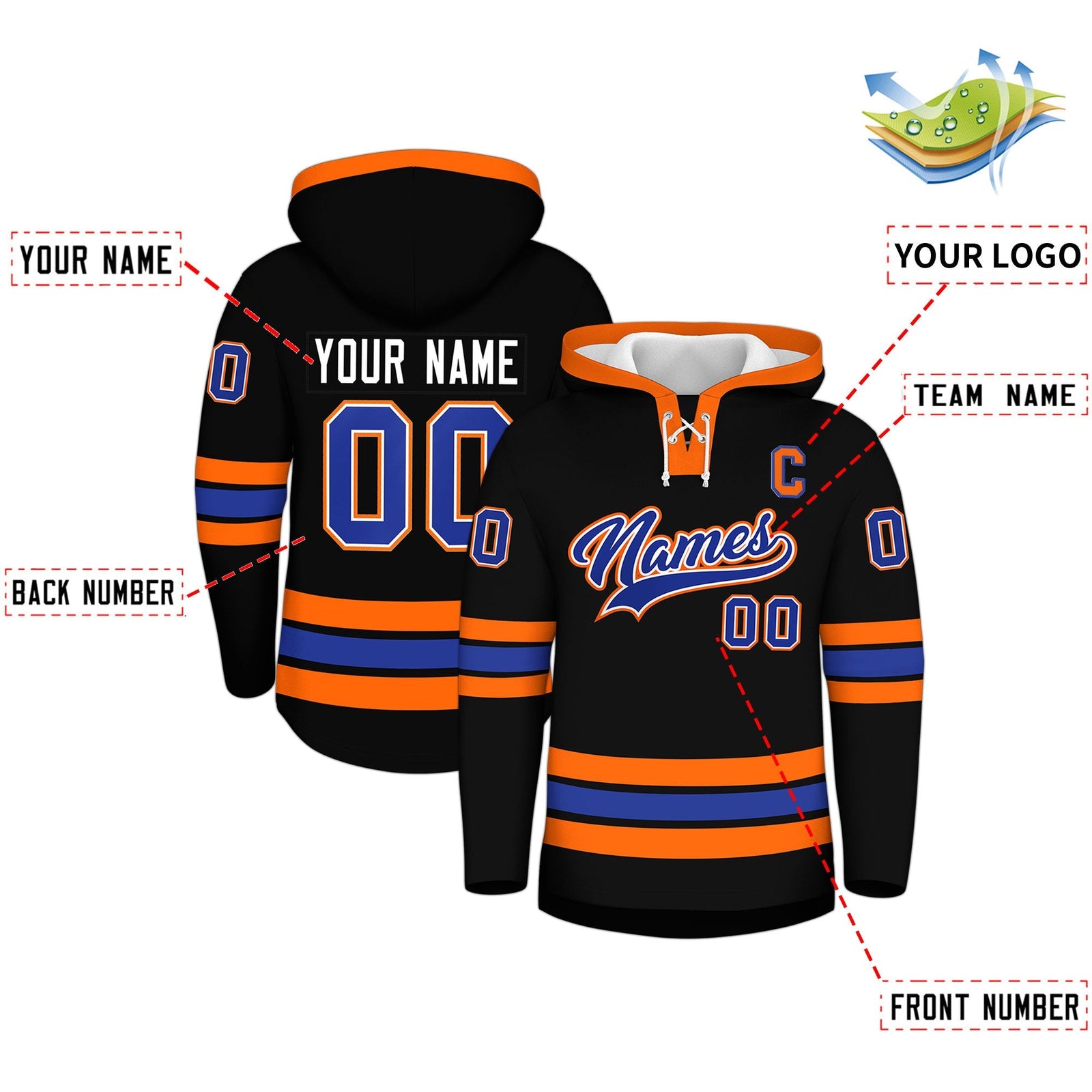 Custom Hockey Hoodie Jersey Black Orange Classic Style for Men&Youth