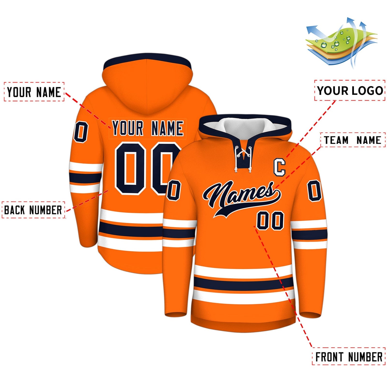 Custom Hockey Hoodie Jersey Orange Navy Classic Style Add Name,Number & Logo