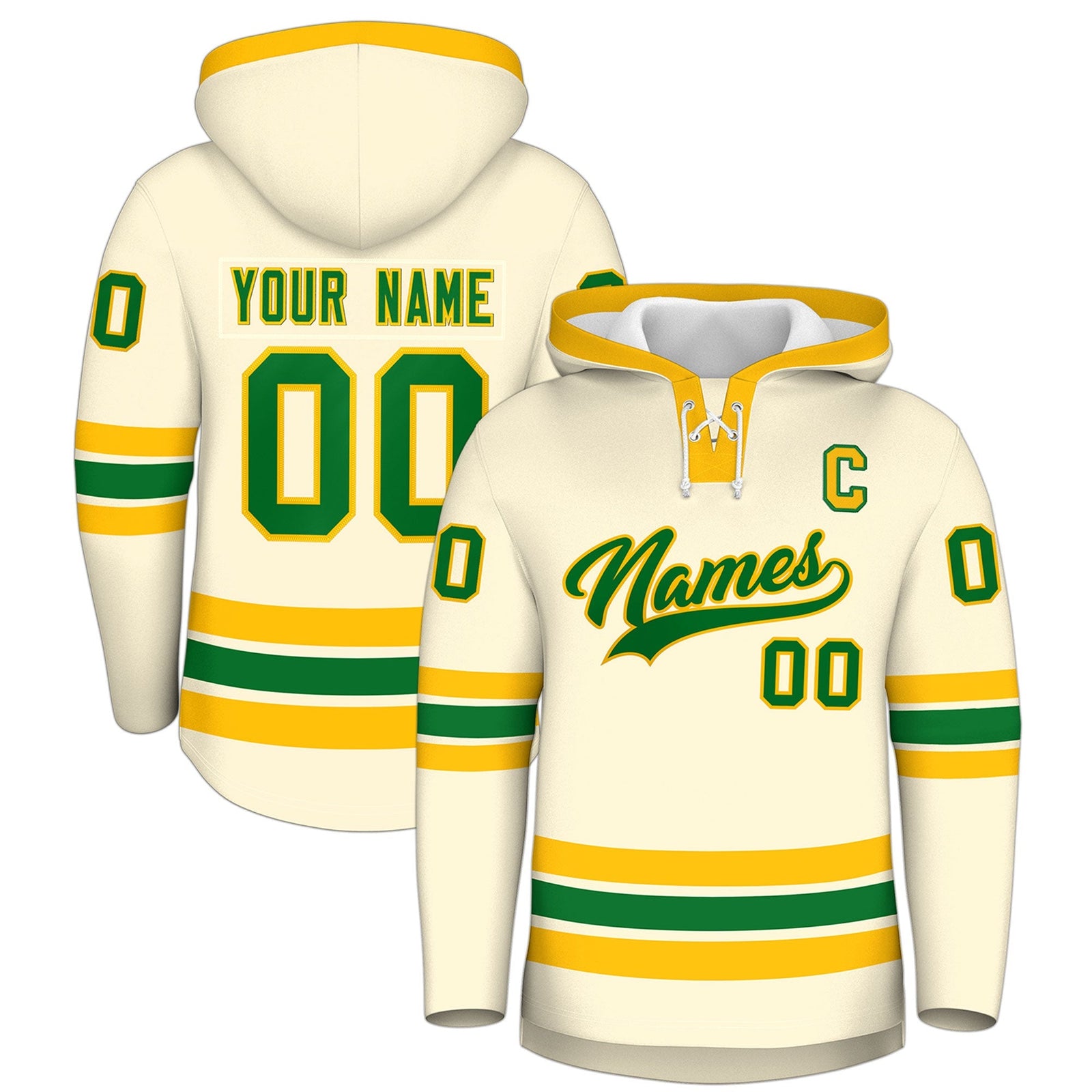 Custom Hockey Hoodie Jersey Cream Kelly Green Classic Style Add Name,Number & Logo