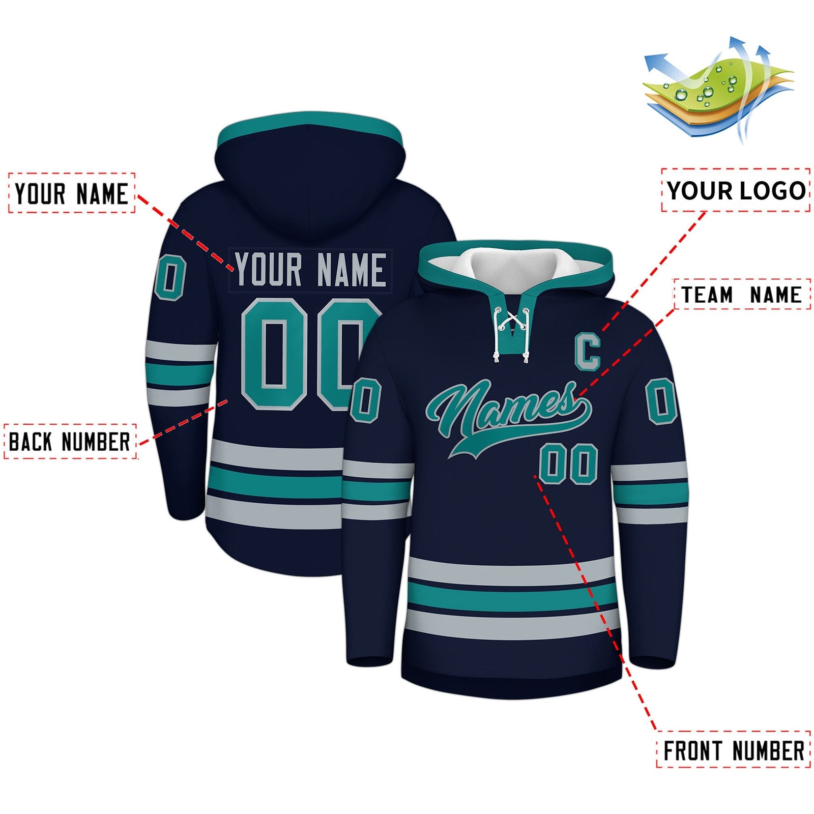 Custom Hockey Hoodie Jersey Navy Teal Classic Style for Men&Youth