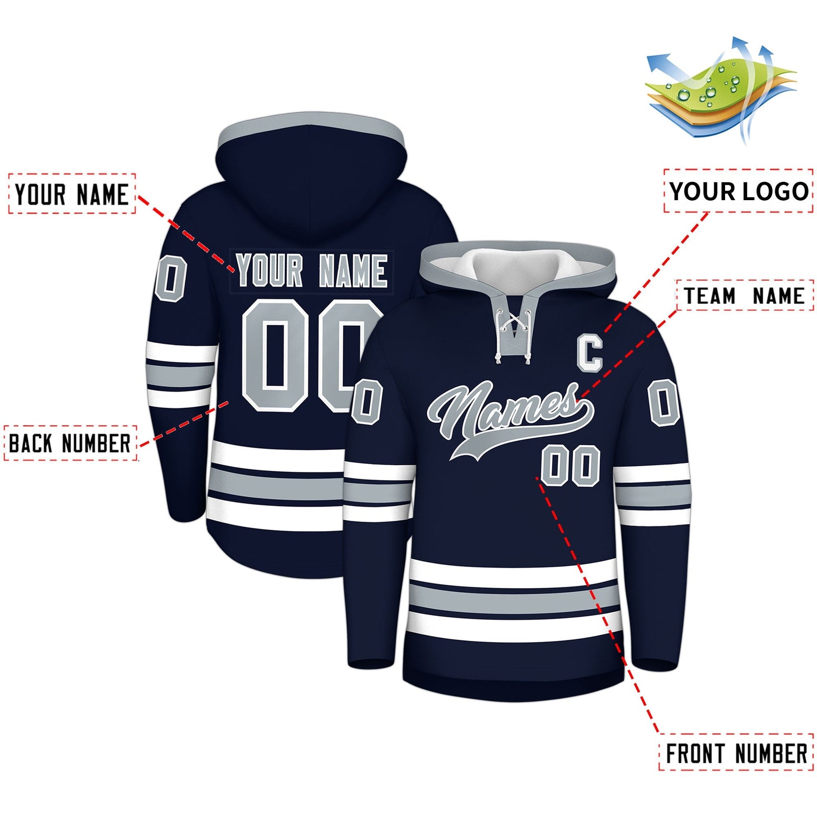 Custom Hockey Hoodie Jersey Navy Silver Classic Style Add Name,Number & Logo
