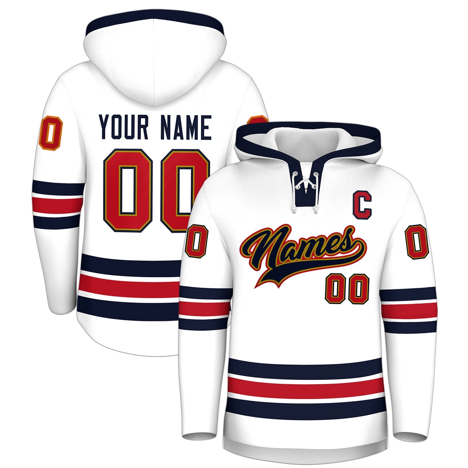 Custom Hockey Hoodie Jersey White Navy Classic Style Add Name,Number & Logo