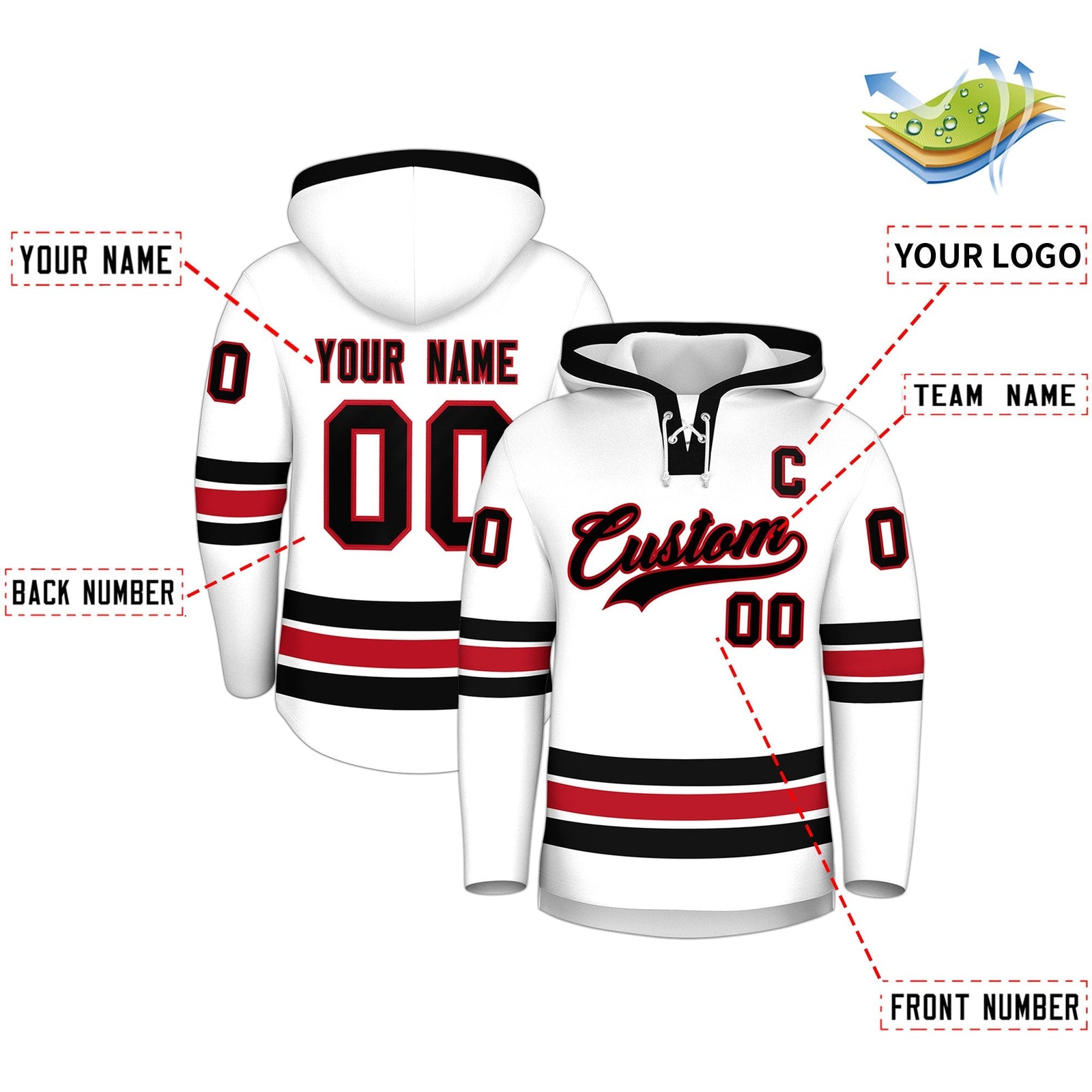 Custom Hockey Hoodie Jersey White Black Classic Style Add Name,Number&Logo