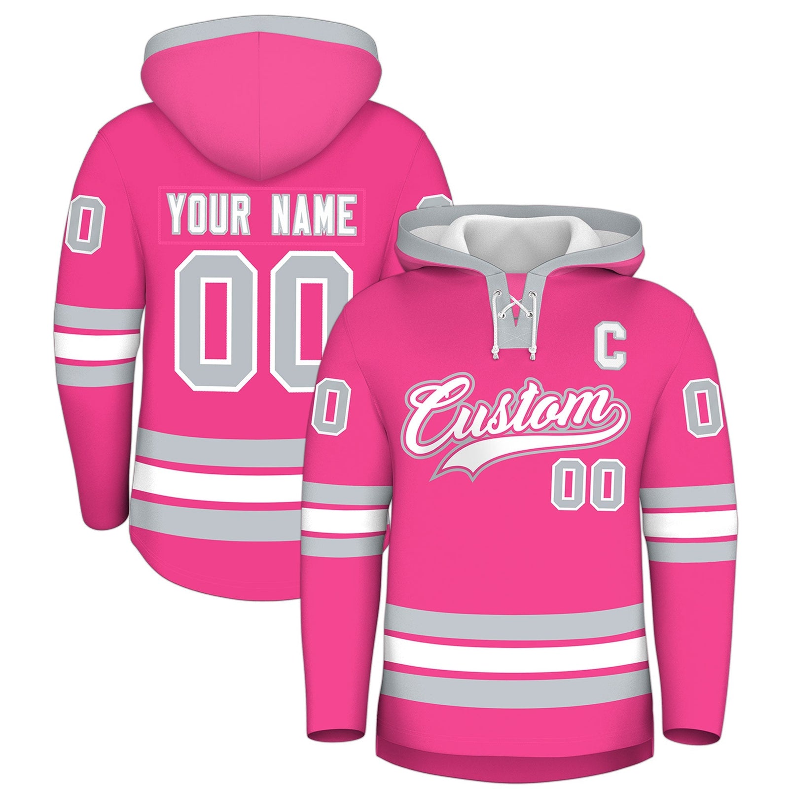 Custom Hockey Hoodie Jersey Pink Silver Classic Style Add Name,Number & Logo