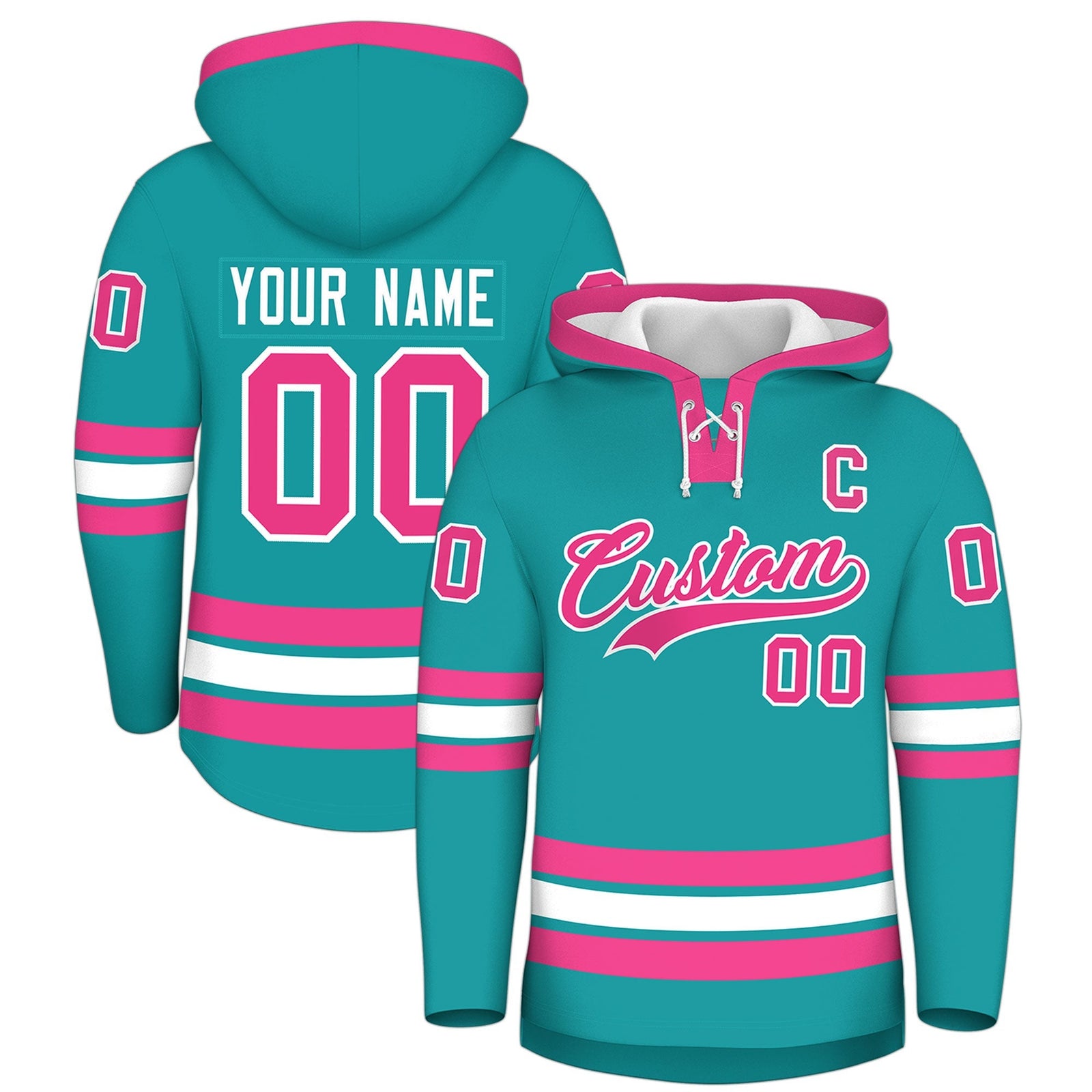 Custom Hockey Hoodie Jersey Aqua Pink Classic Style Add Name,Number & Logo