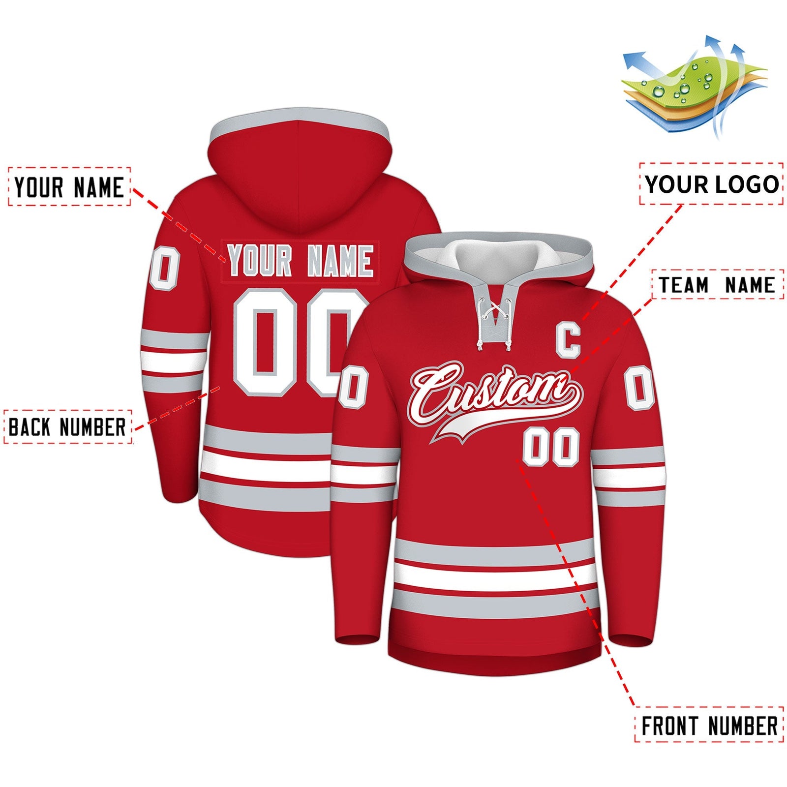 Custom Hockey Hoodie Jersey Red Silver Classic Style Add Name,Number & Logo