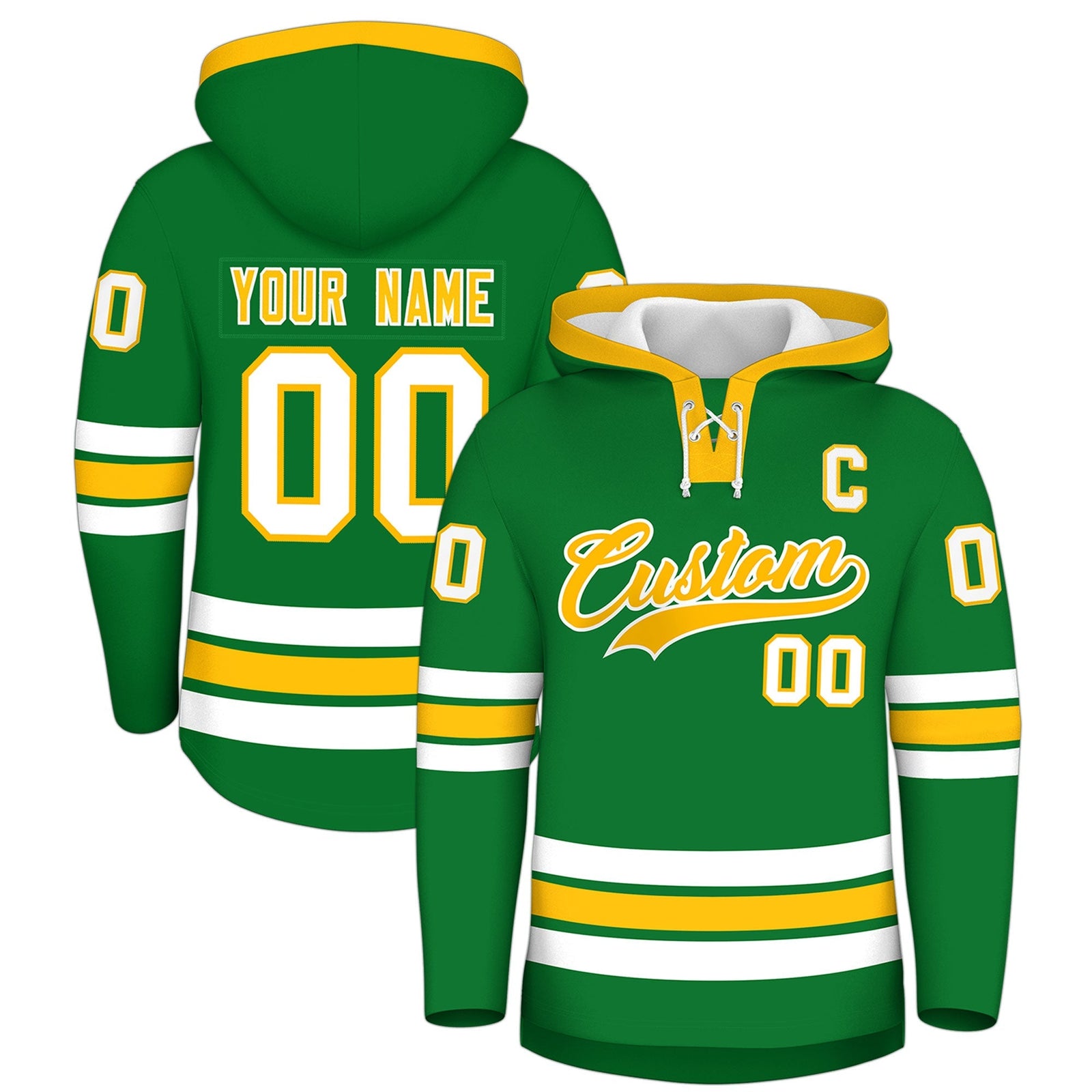 Custom Hockey Hoodie Jersey Kelly Green Gold Classic Style for Men&Youth