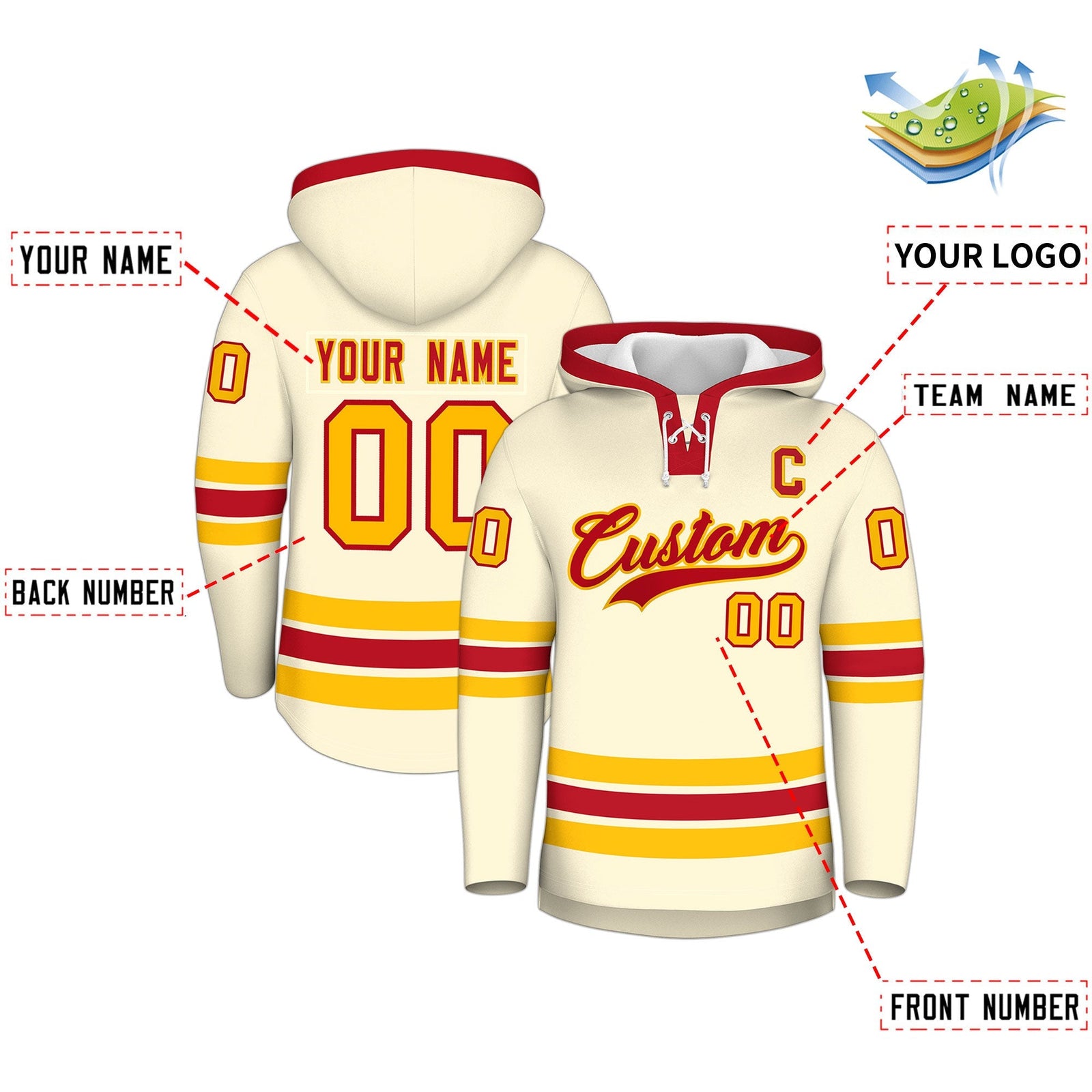 Custom Hockey Hoodie Jersey Cream Red Classic Style Add Name,Number & Logo