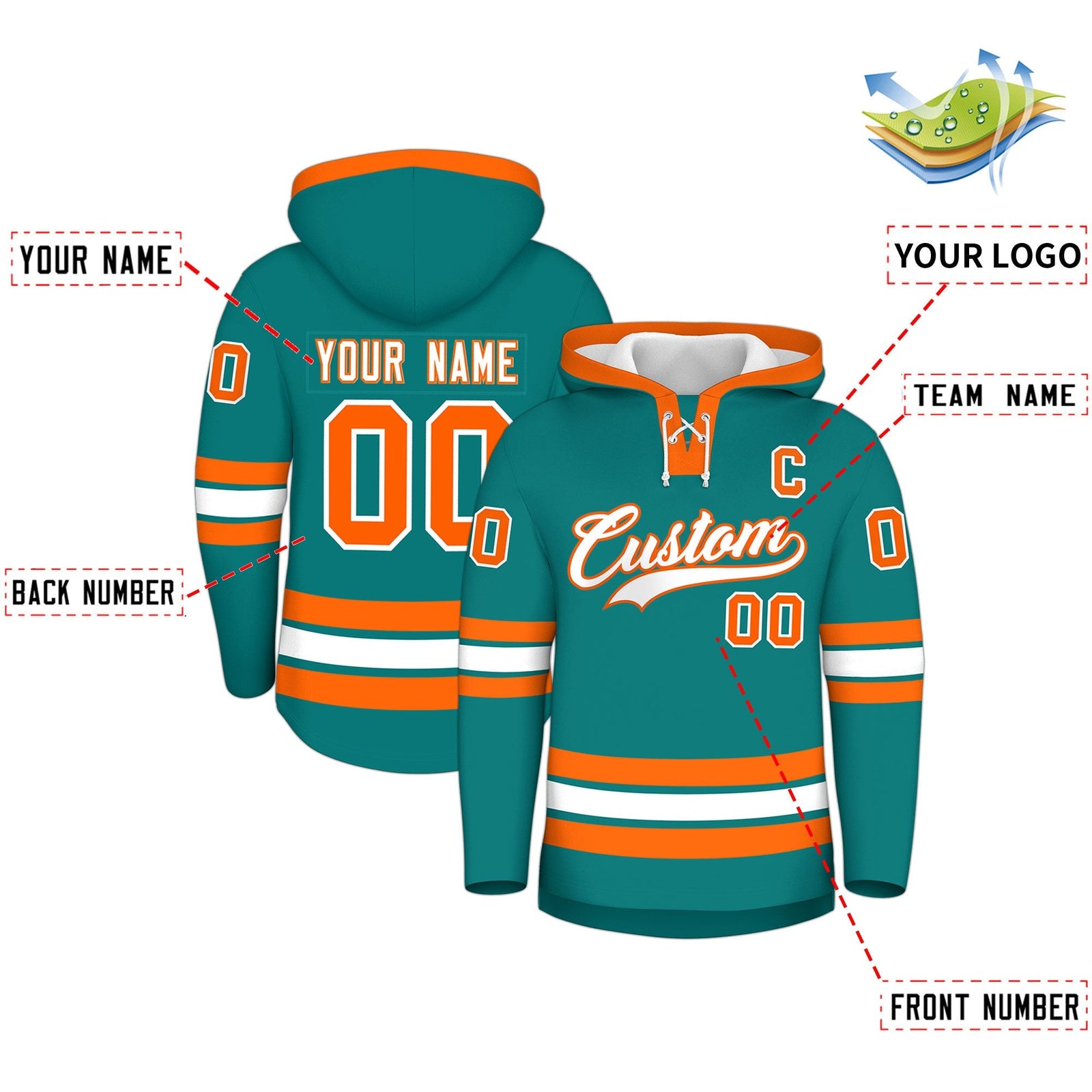 Custom Hockey Hoodie Jersey Teal Orange Classic Style Add Name,Number & Logo