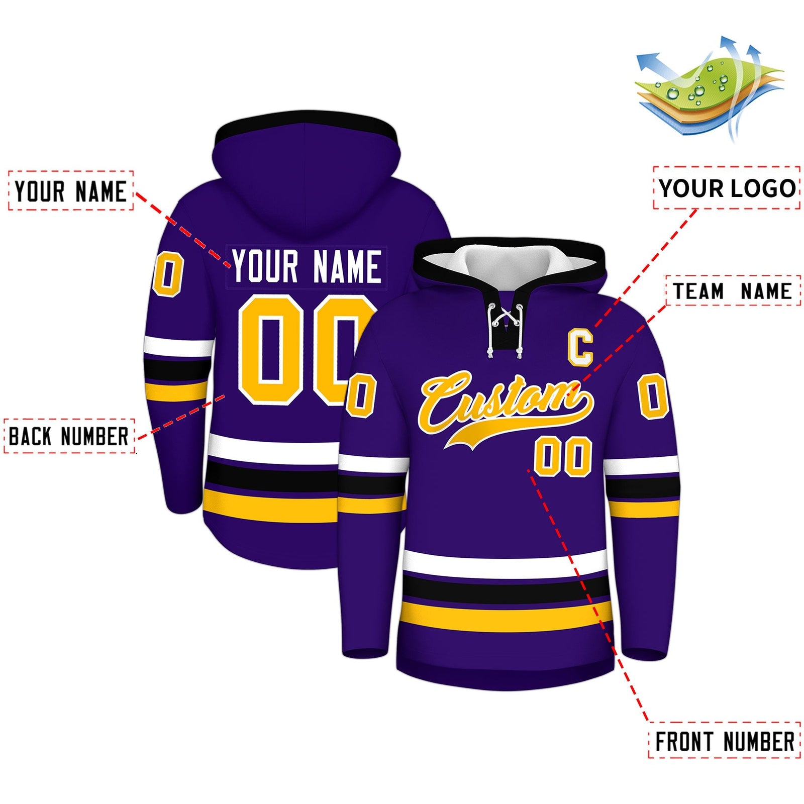 Custom Hockey Hoodie Jersey Purple Black Classic Style for Men&Youth