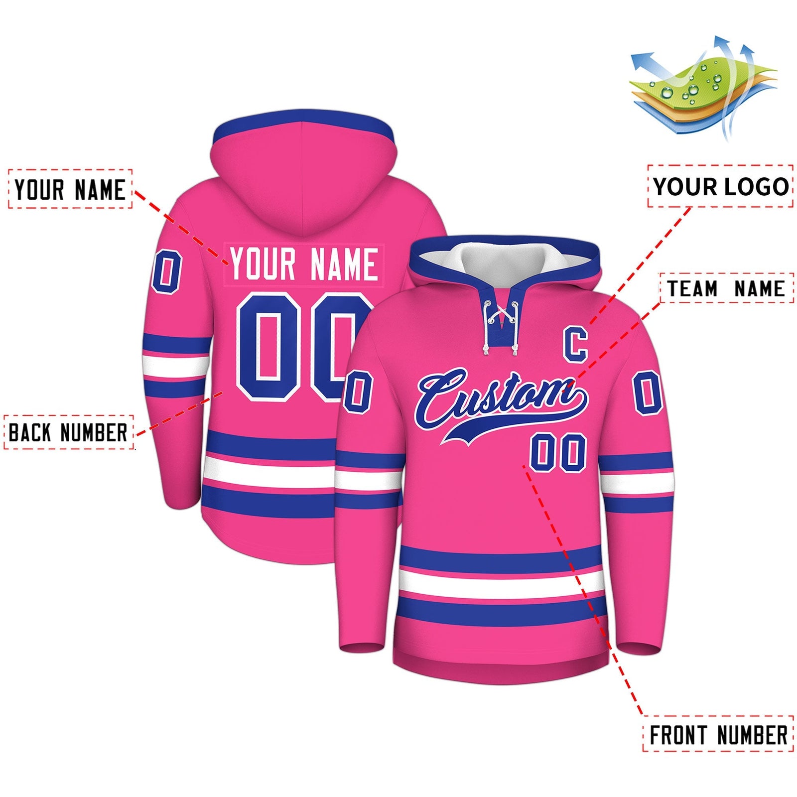 Custom Hockey Hoodie Jersey Pink Royal Blue Classic Style for Men&Youth