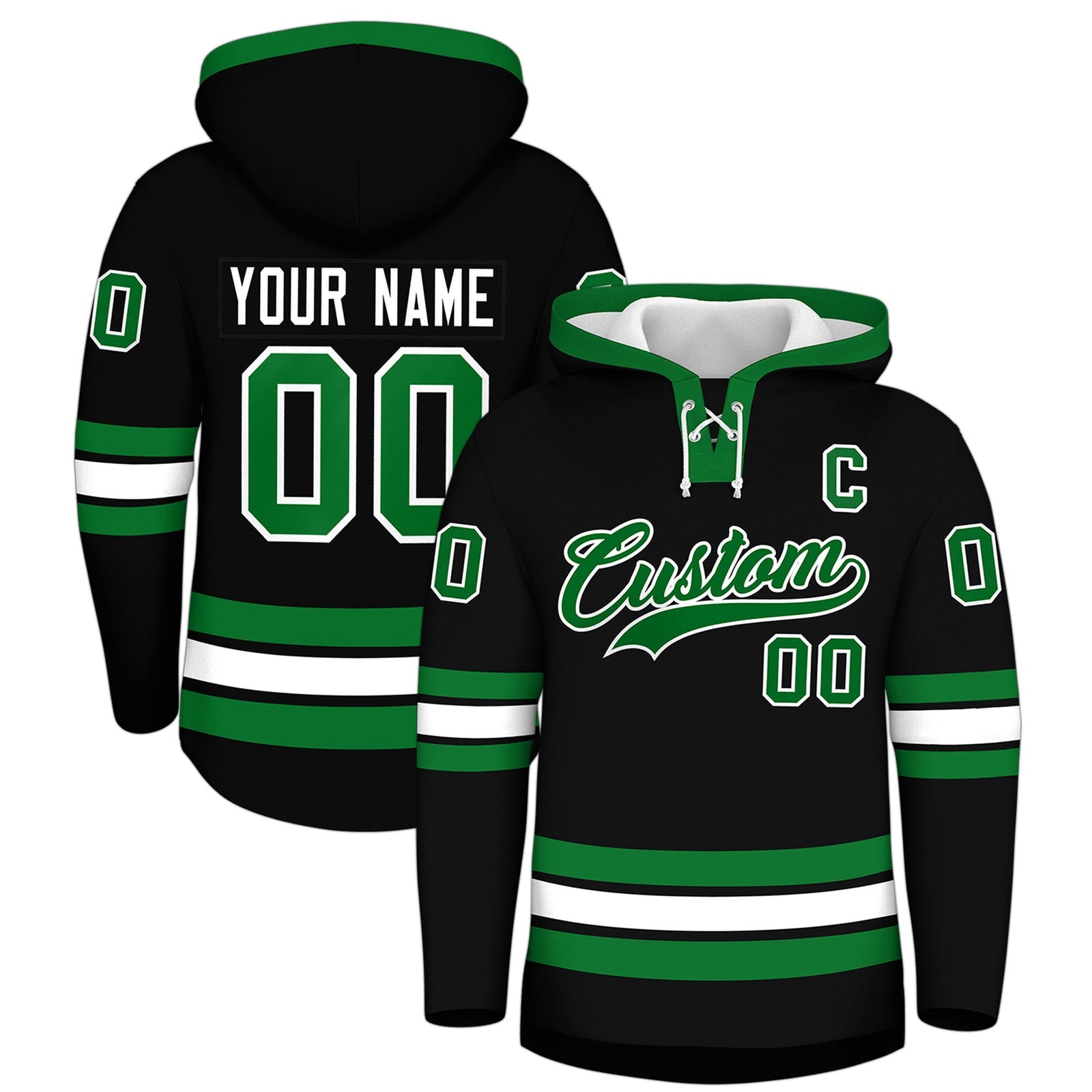 Custom Hockey Hoodie Jersey Black Kelly Green Classic Style for Men&Youth