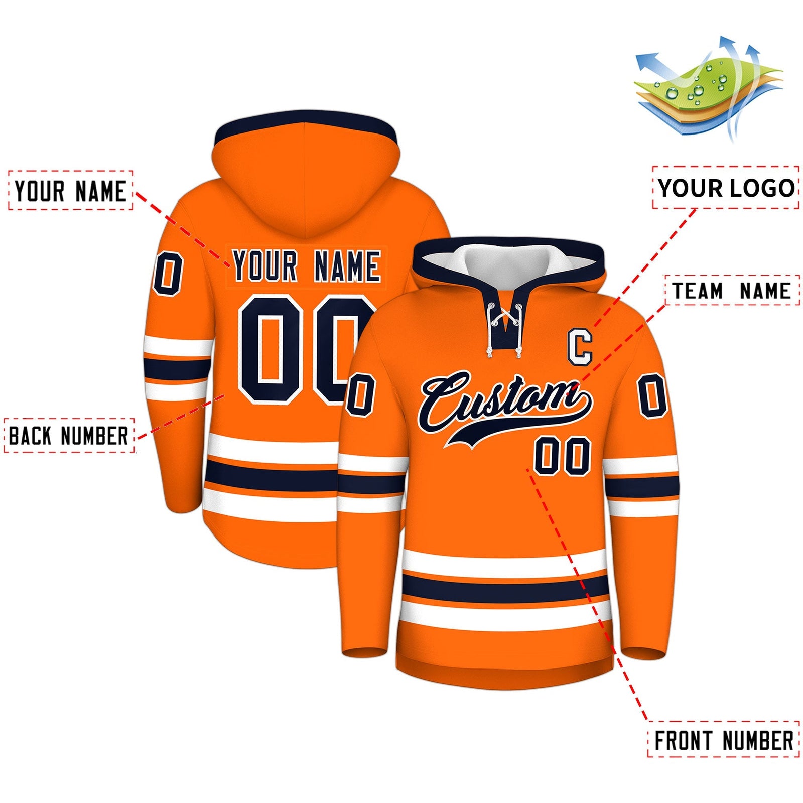 Custom Hockey Hoodie Jersey Orange Navy Classic Style Add Name,Number & Logo