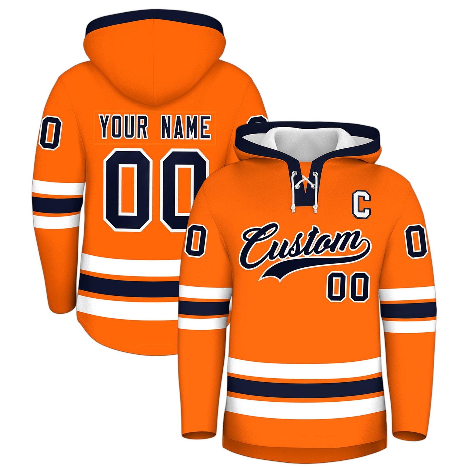 Custom Hockey Hoodie Jersey Orange Navy Classic Style Add Name,Number & Logo