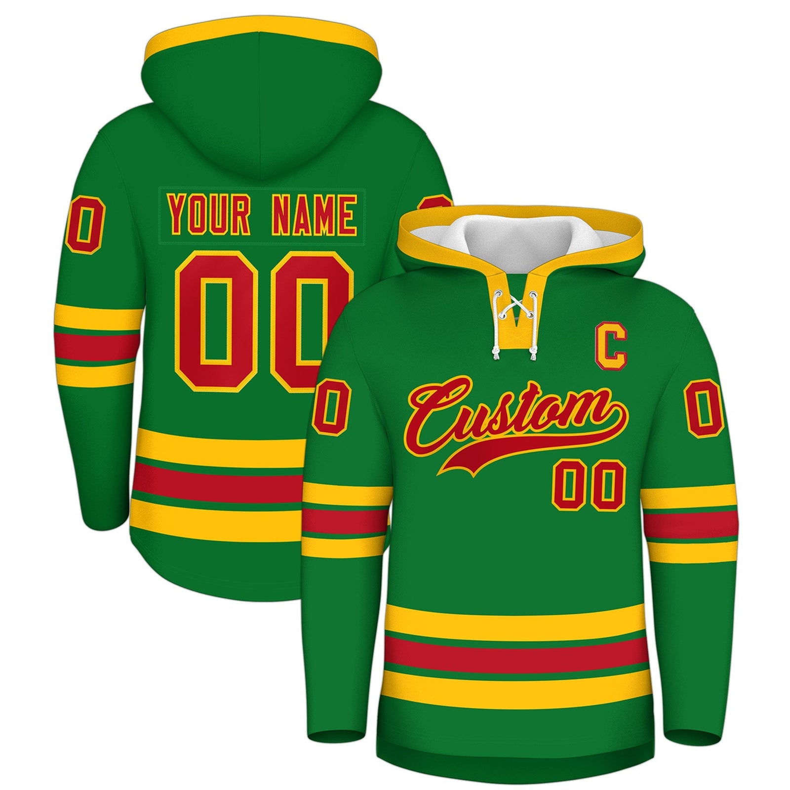 Custom Hockey Hoodie Jersey Kelly Green Red Classic Style Add Name,Number & Logo