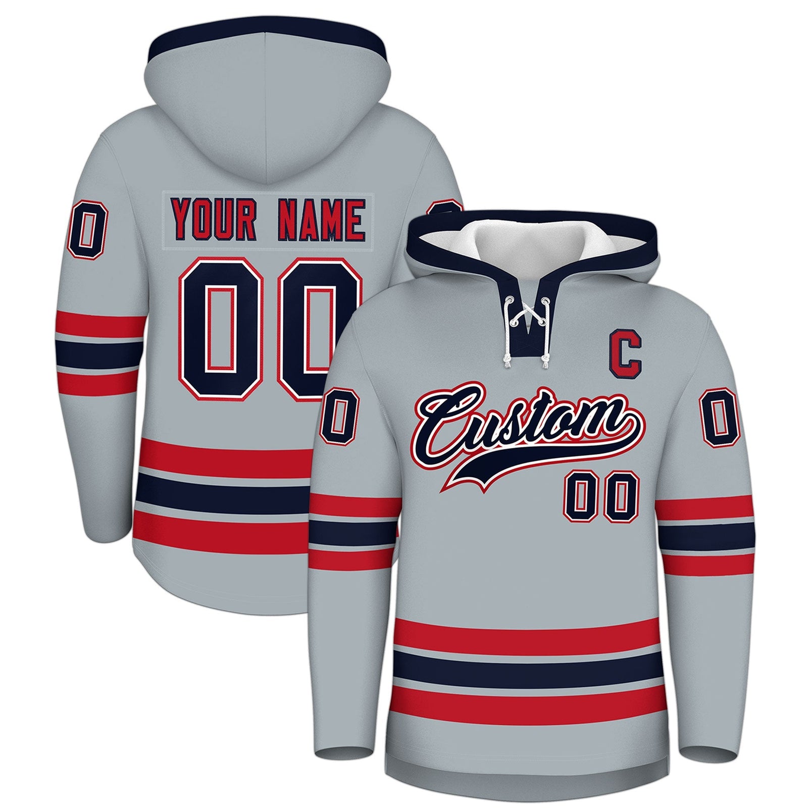 Custom Hockey Hoodie Jersey Silver Navy Classic Style Add Name,Number & Logo