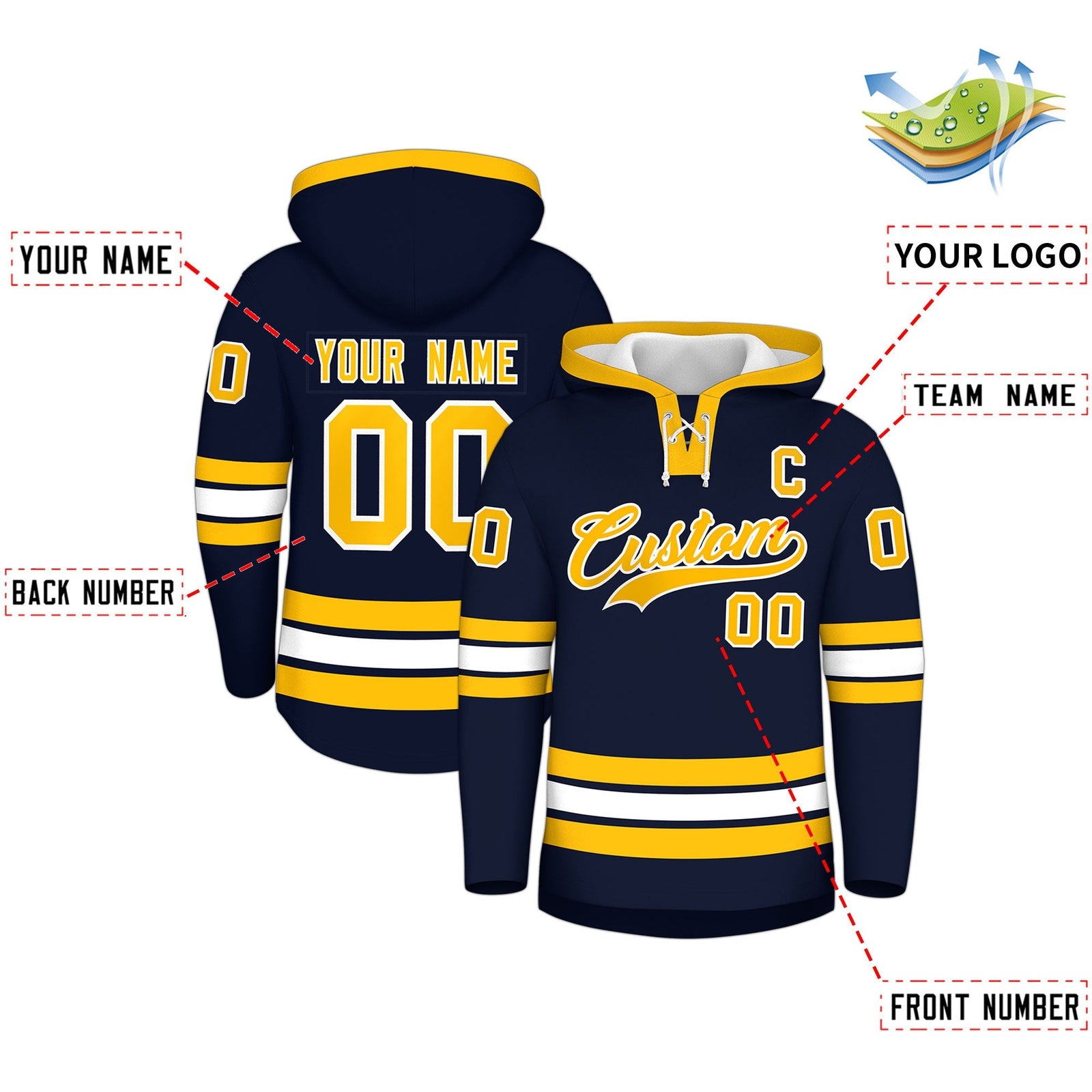 Custom Hockey Hoodie Jersey Navy White Classic Style Add Name,Number & Logo