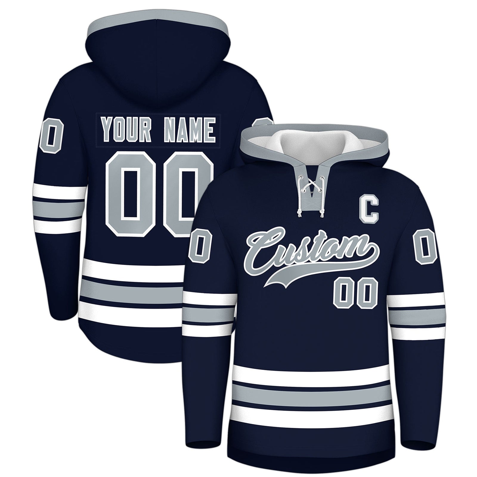 Custom Hockey Hoodie Jersey Navy Silver Classic Style Add Name,Number & Logo
