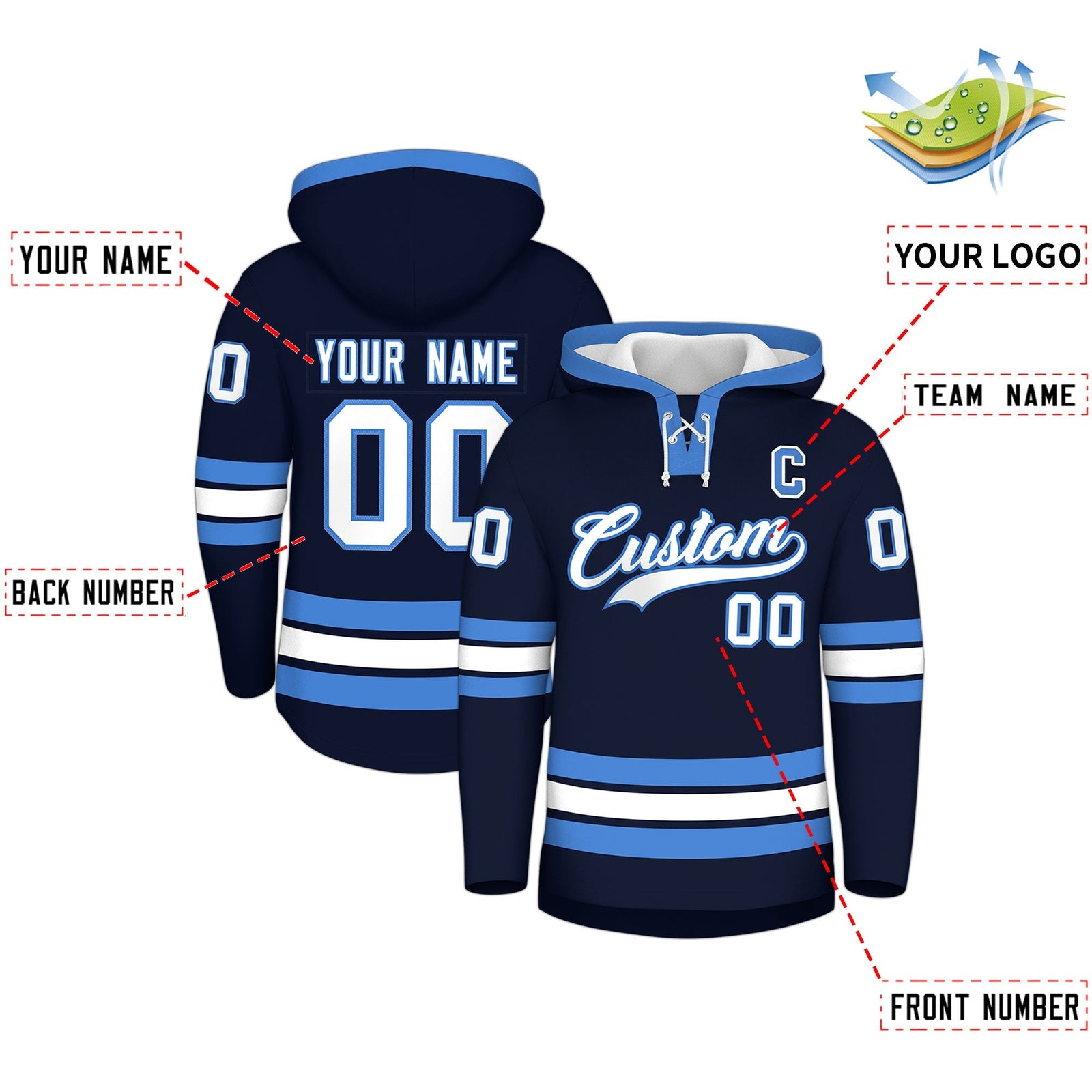 Custom Hockey Hoodie Jersey Navy Powder Blue Classic Style for Men&Youth