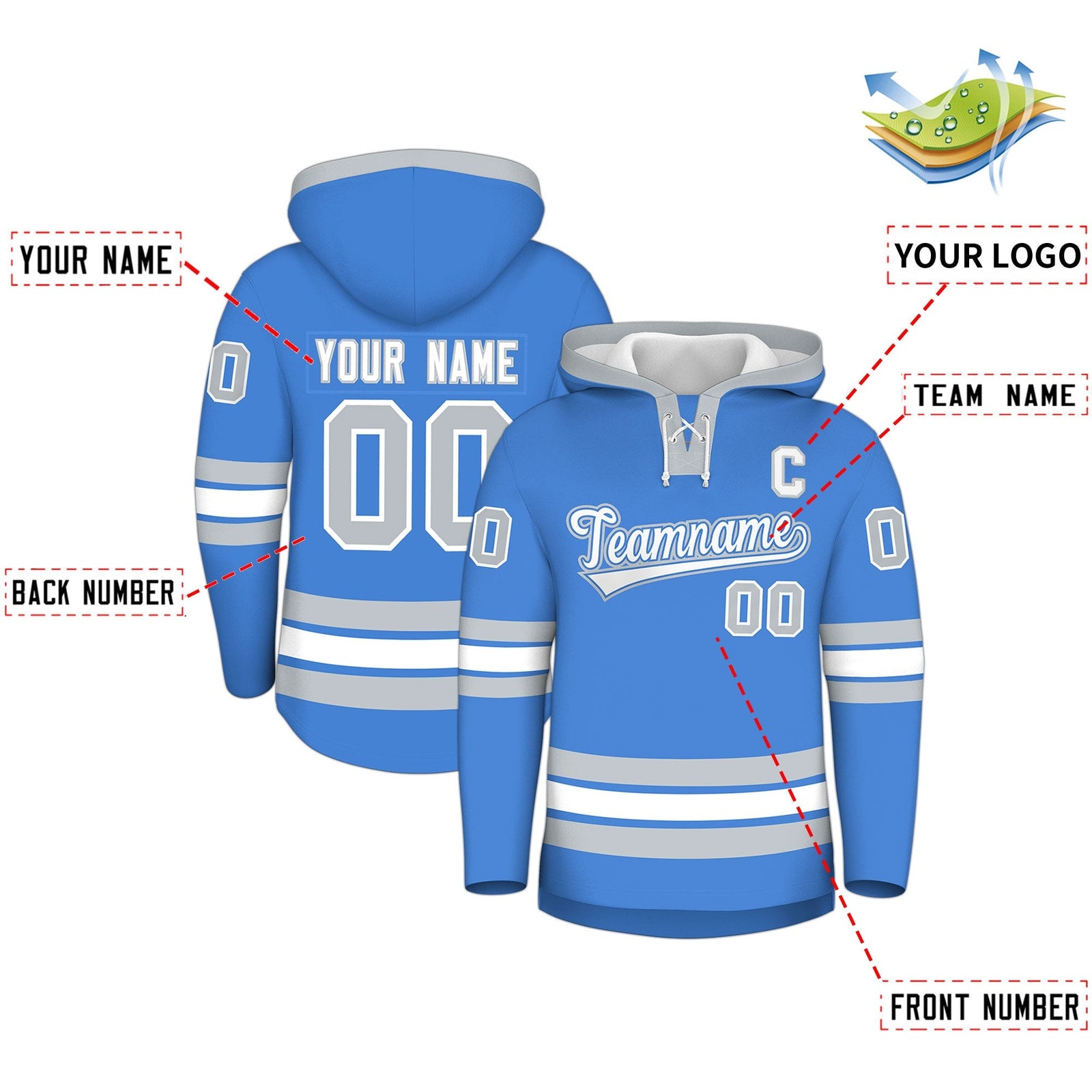 Custom Hockey Hoodie Jersey Powder Blue Silver Classic Style for Men&Youth