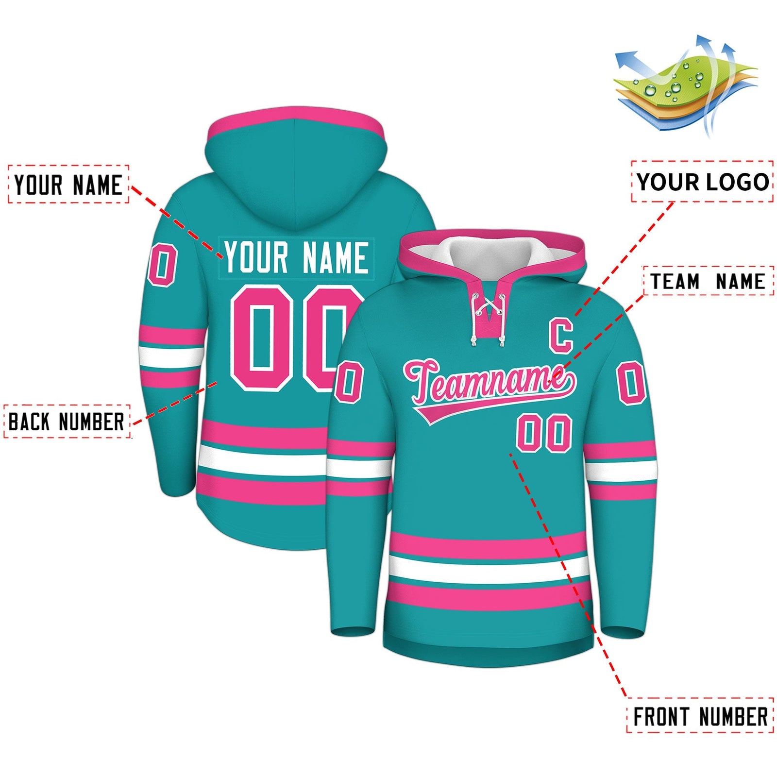 Custom Hockey Hoodie Jersey Aqua Pink Classic Style Add Name,Number & Logo