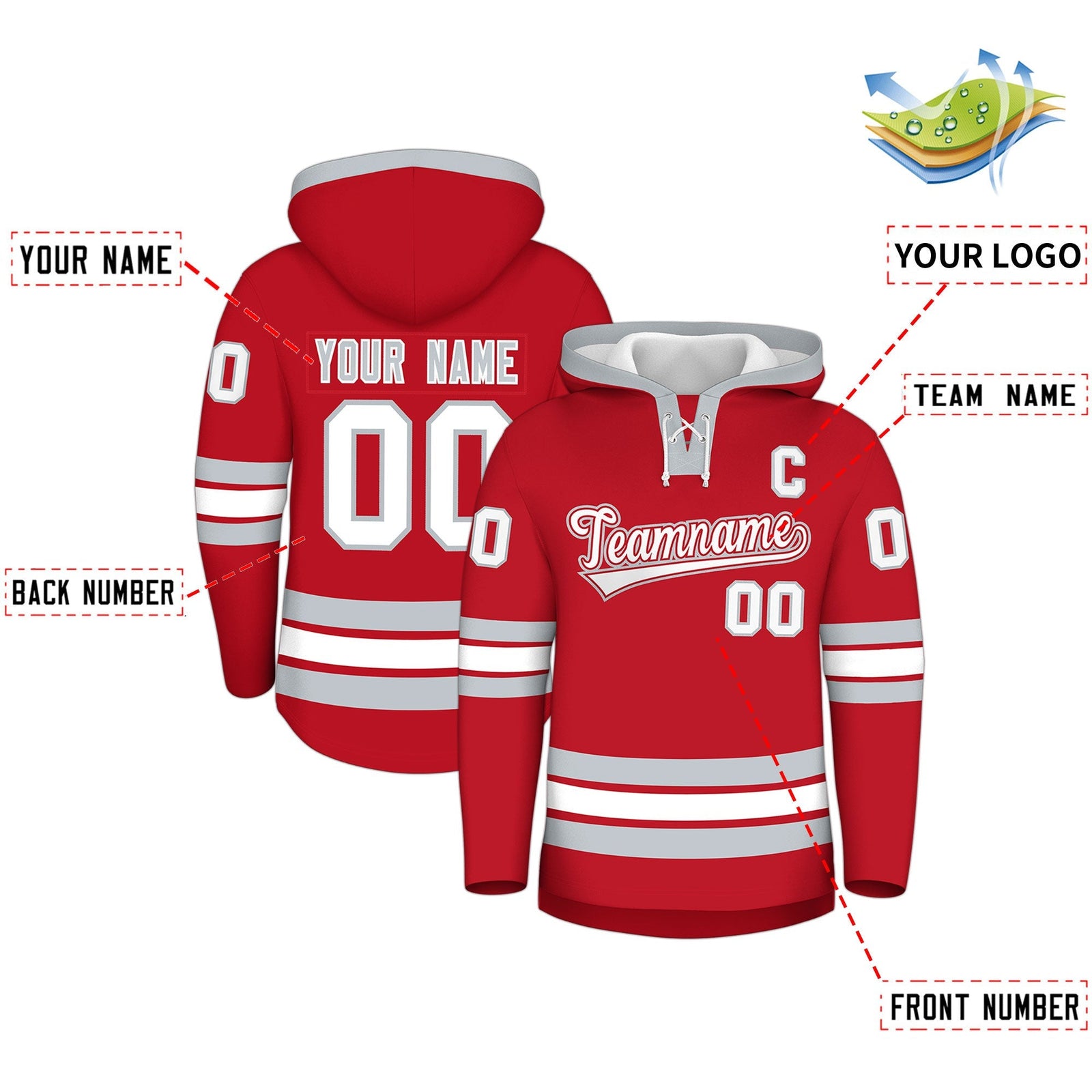Custom Hockey Hoodie Jersey Red Silver Classic Style Add Name,Number & Logo