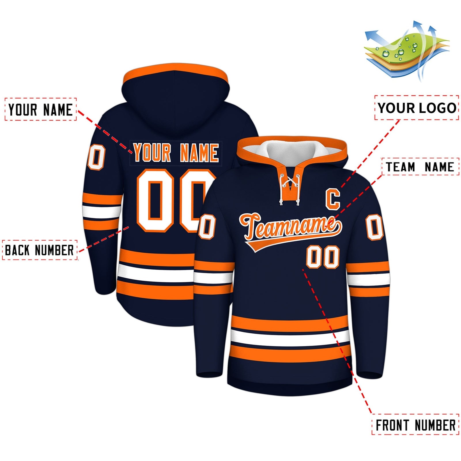 Custom Hockey Hoodie Jersey Navy Orange Classic Style for Men&Youth