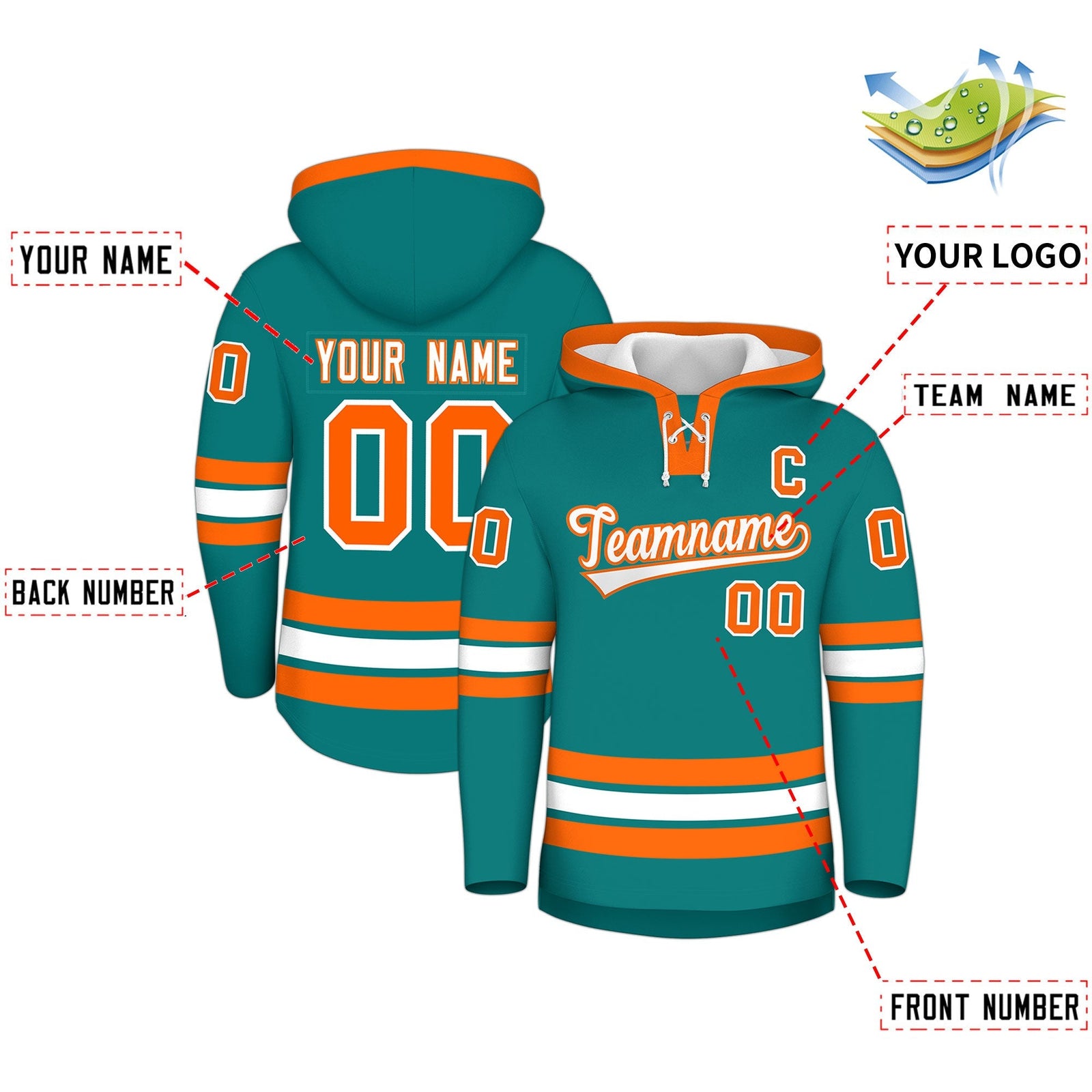 Custom Hockey Hoodie Jersey Teal Orange Classic Style Add Name,Number & Logo