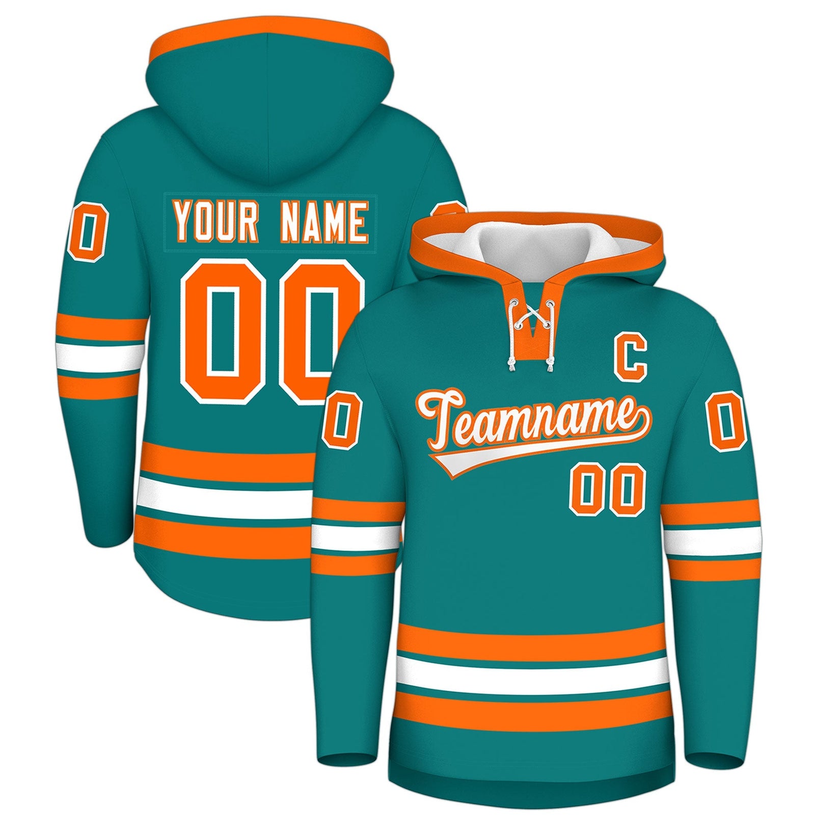 Custom Hockey Hoodie Jersey Teal Orange Classic Style Add Name,Number & Logo