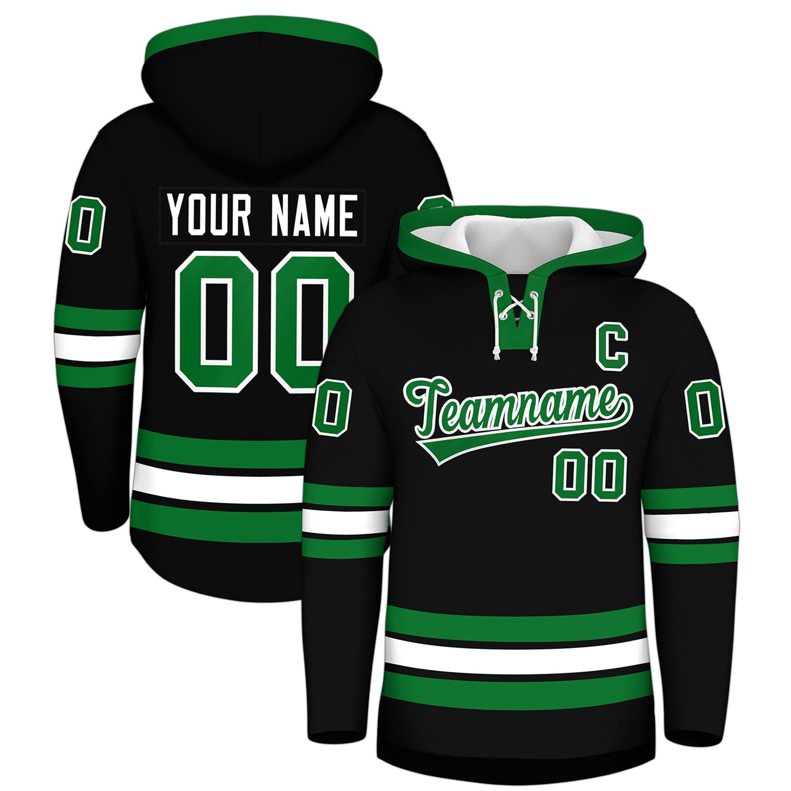 Custom Hockey Hoodie Jersey Black Kelly Green Classic Style for Men&Youth
