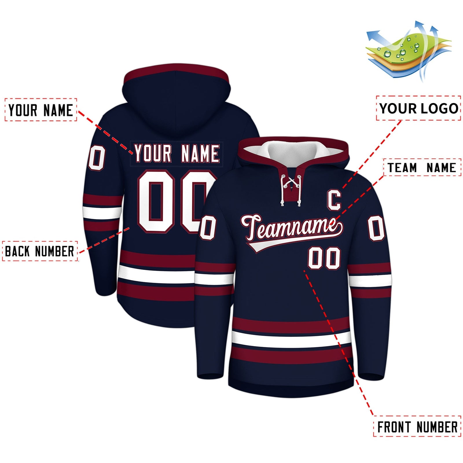 Custom Hockey Hoodie Jersey Navy Crimson Classic Style Add Name,Number & Logo