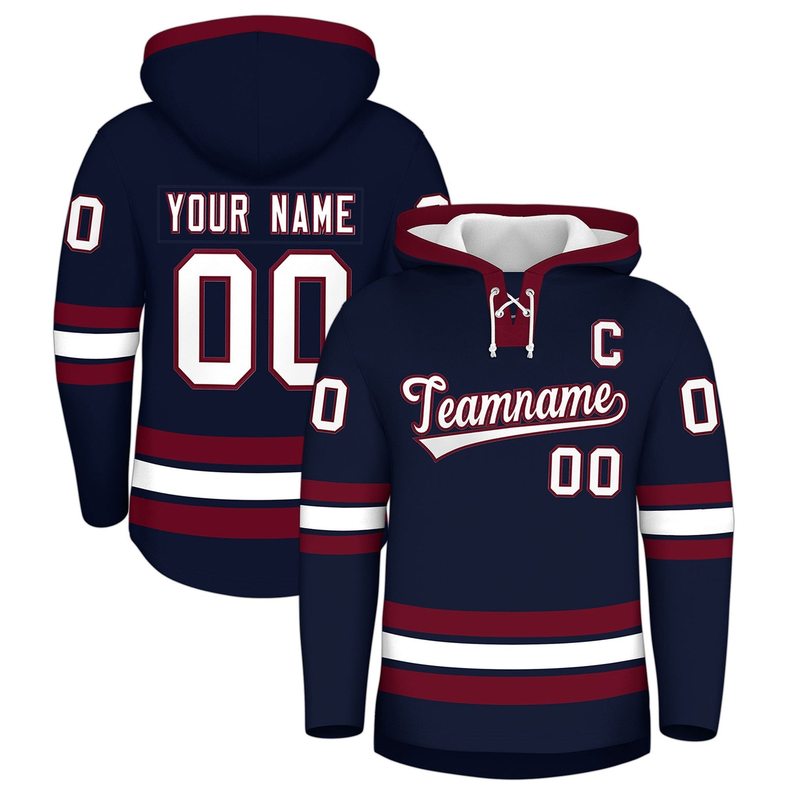 Custom Hockey Hoodie Jersey Navy Crimson Classic Style Add Name,Number & Logo