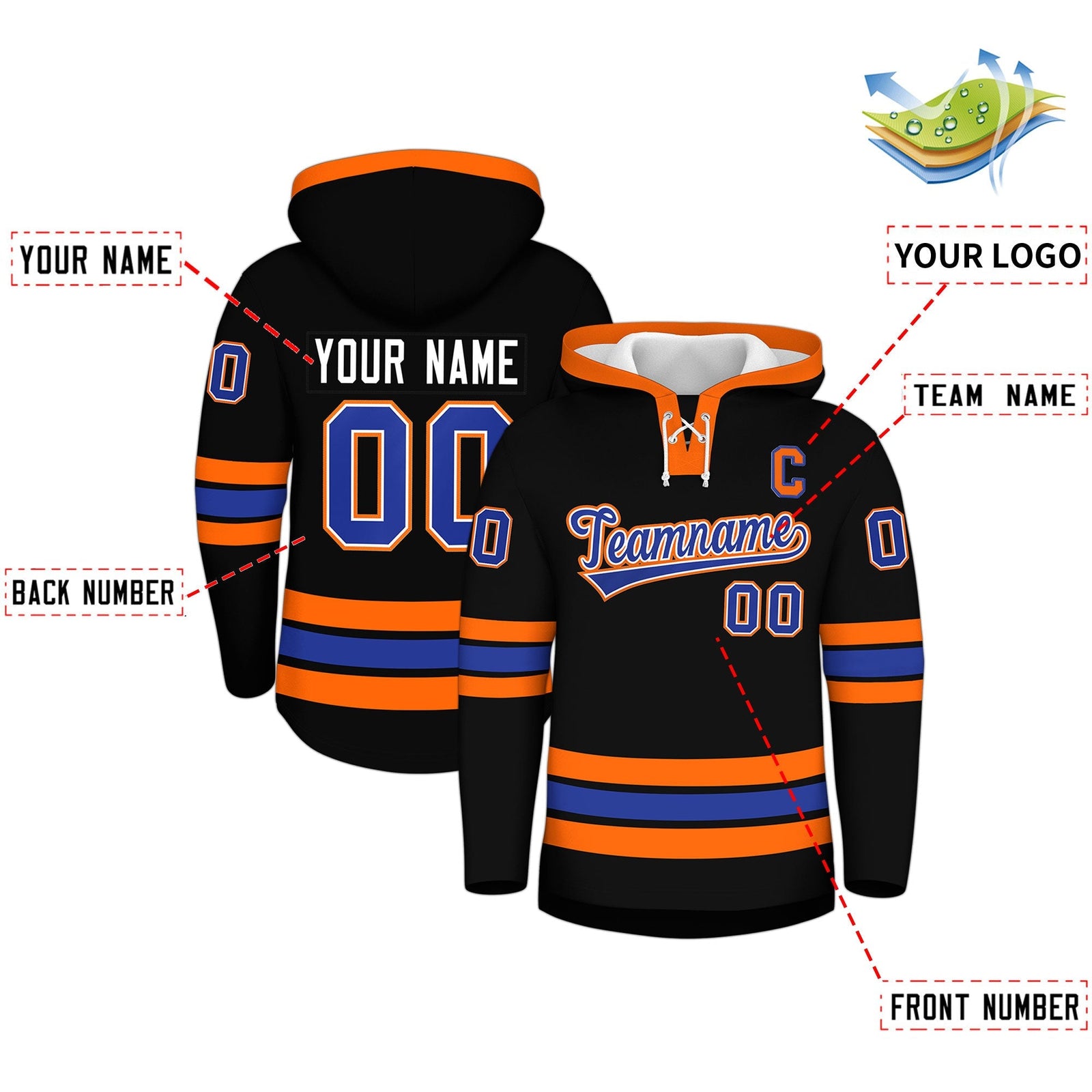 Custom Hockey Hoodie Jersey Black Orange Classic Style for Men&Youth