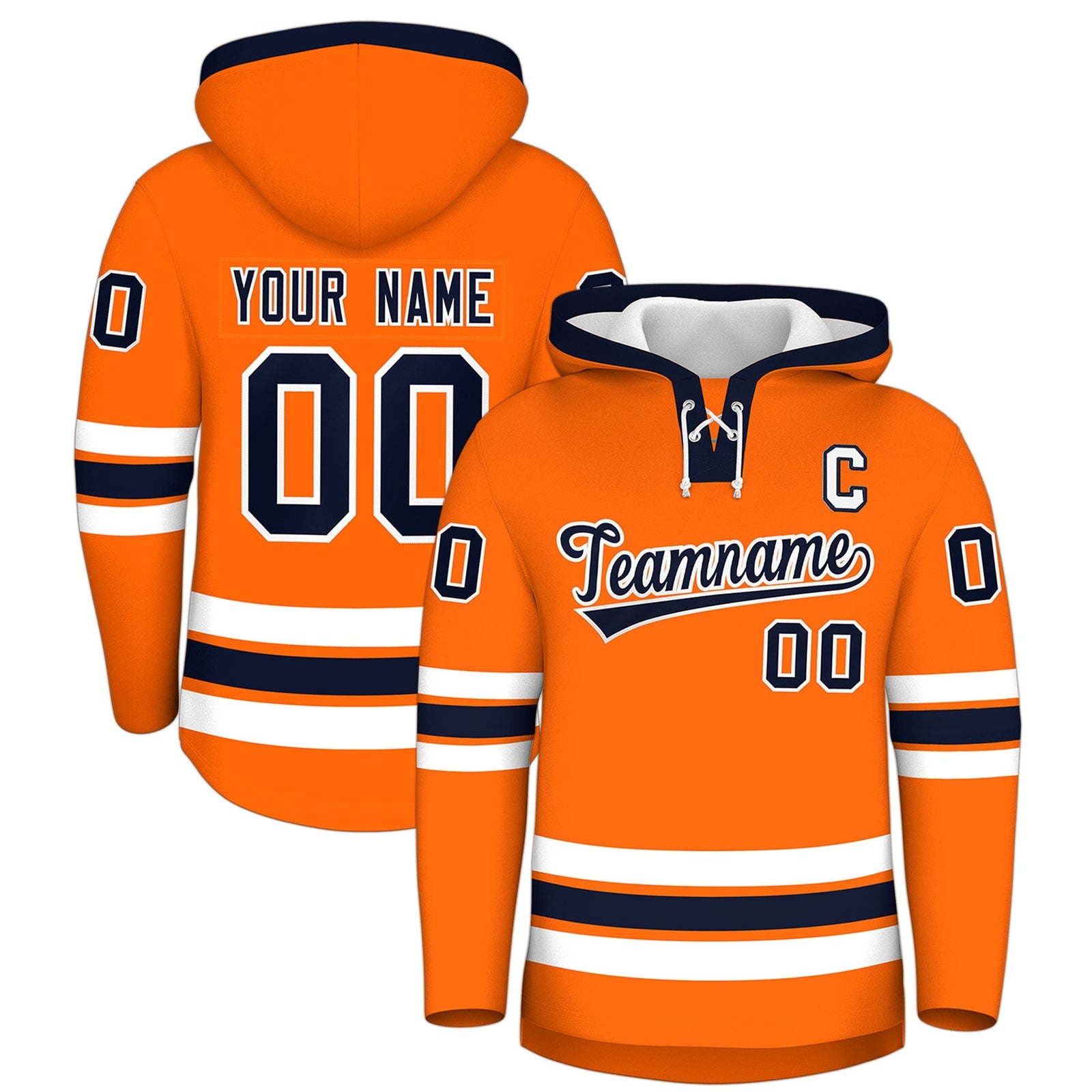 Custom Hockey Hoodie Jersey Orange Navy Classic Style Add Name,Number & Logo